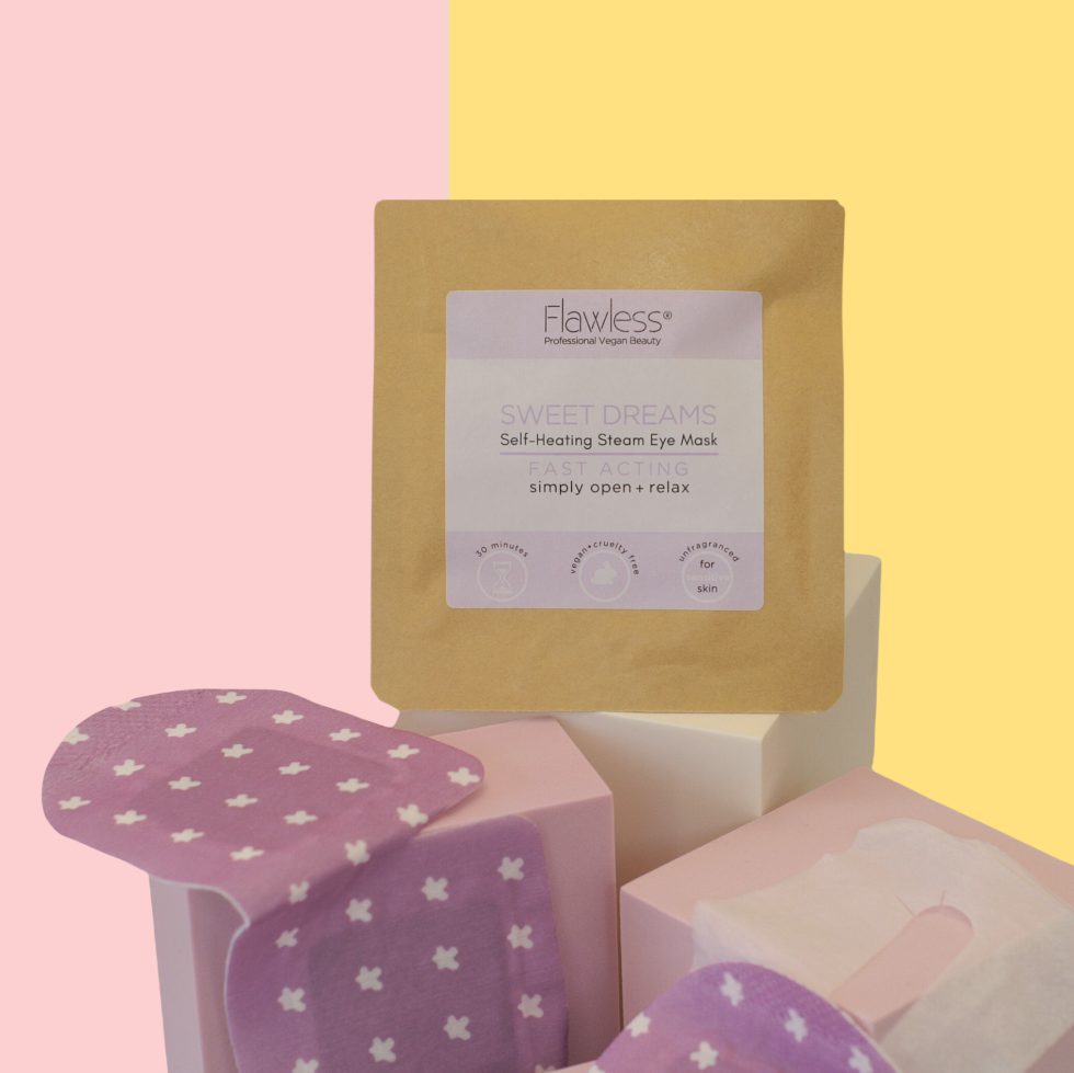 Flawless Sweet Dreams self-heating steam eye mask on a pink and yellow background