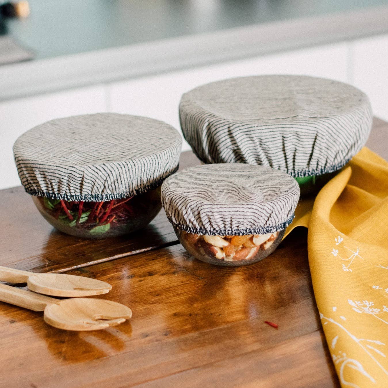 Striped Linen Bowl Covers, Set Of 3, Reusable Bowl Coverings