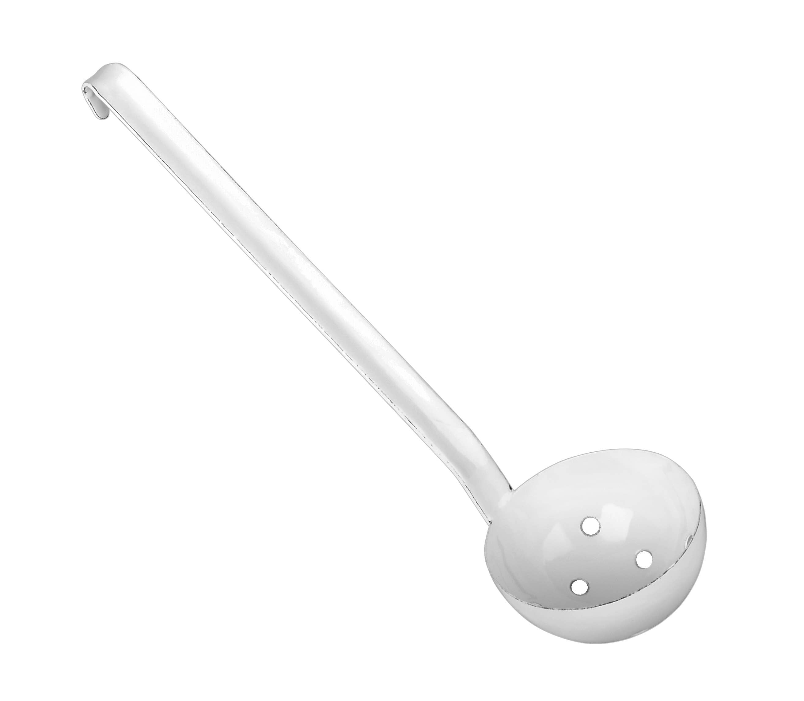 White ladle with a long handle on a white background