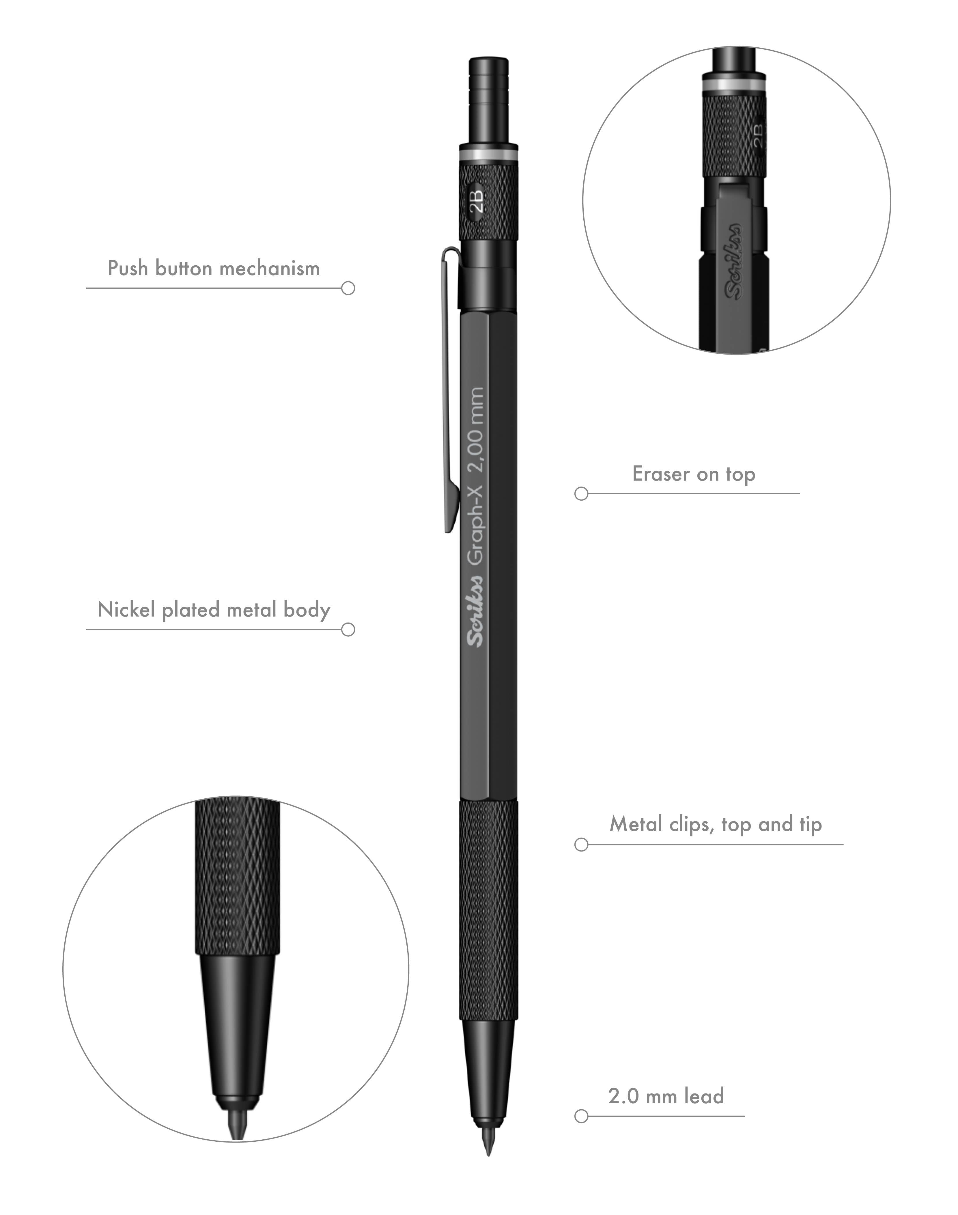 Black mechanical pencil with features highlighted on a white background