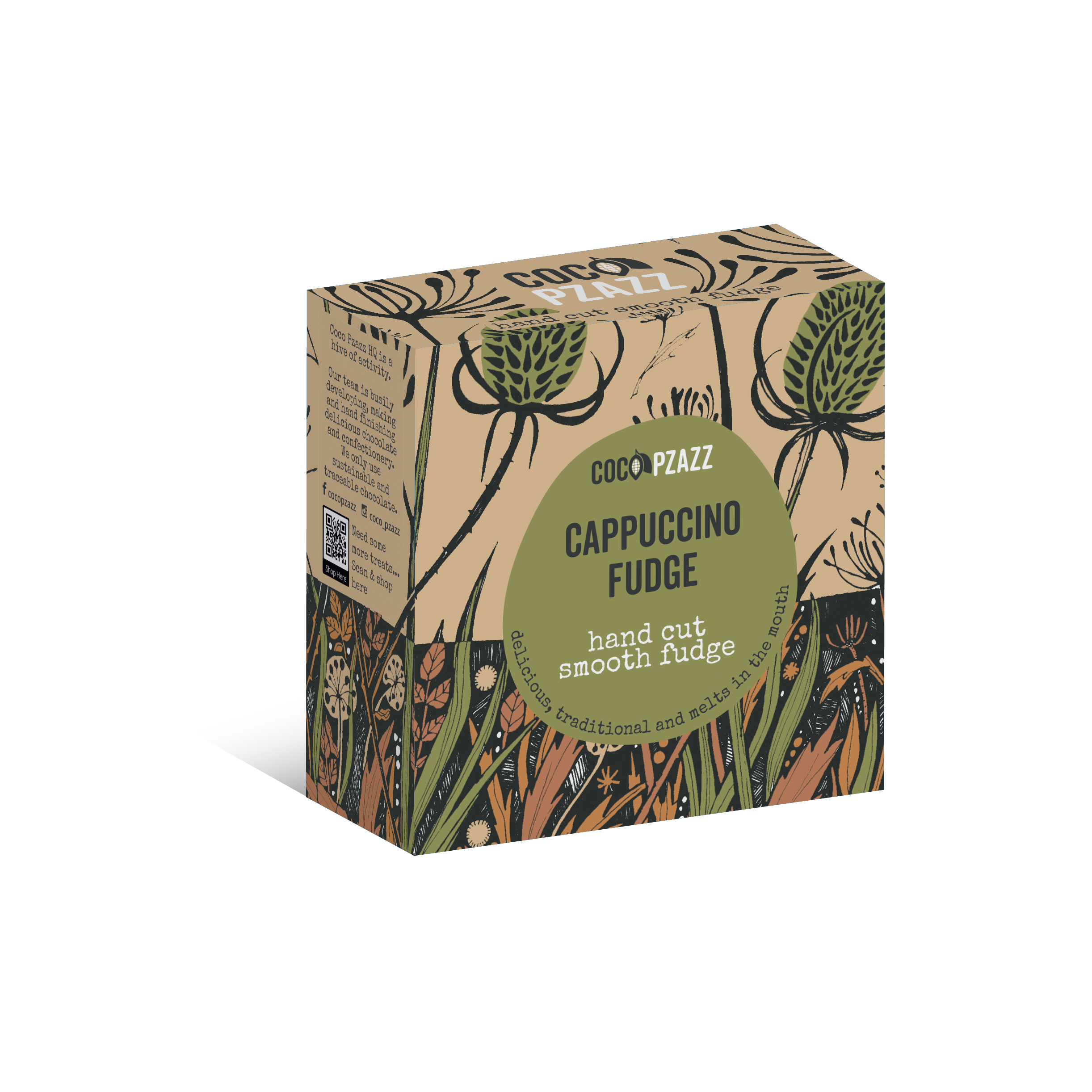 Box of Cappuccino Fudge with decorative design on a white background