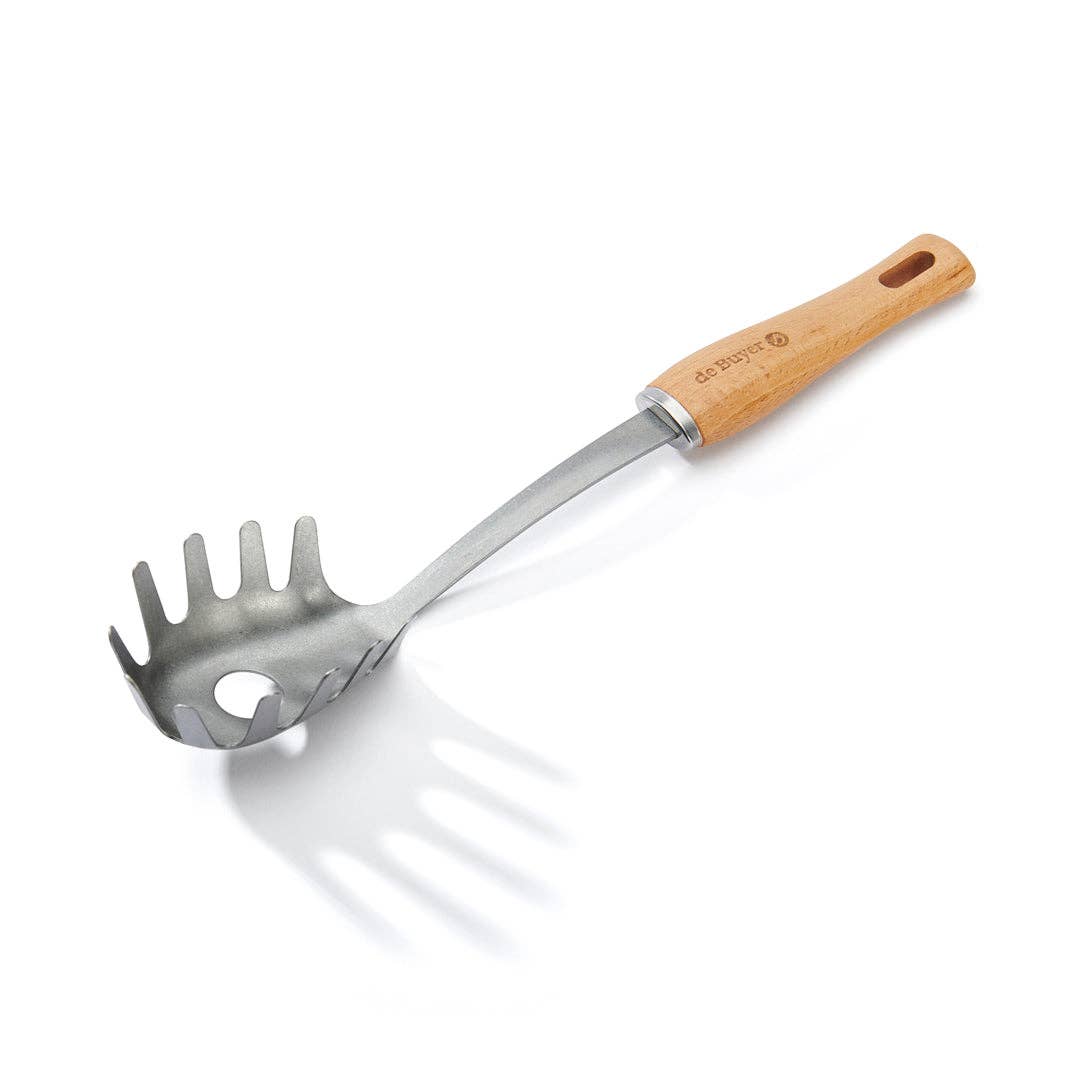 Metallic spaghetti spoon with wooden handle on a white background