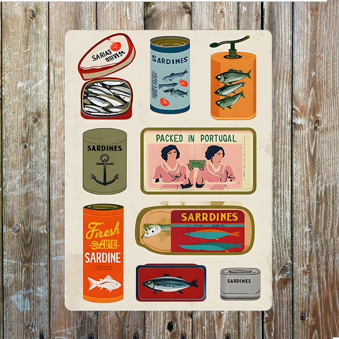 Nine Unique Sardine Cans Tins Metal Sign Plaque: 6x8inch