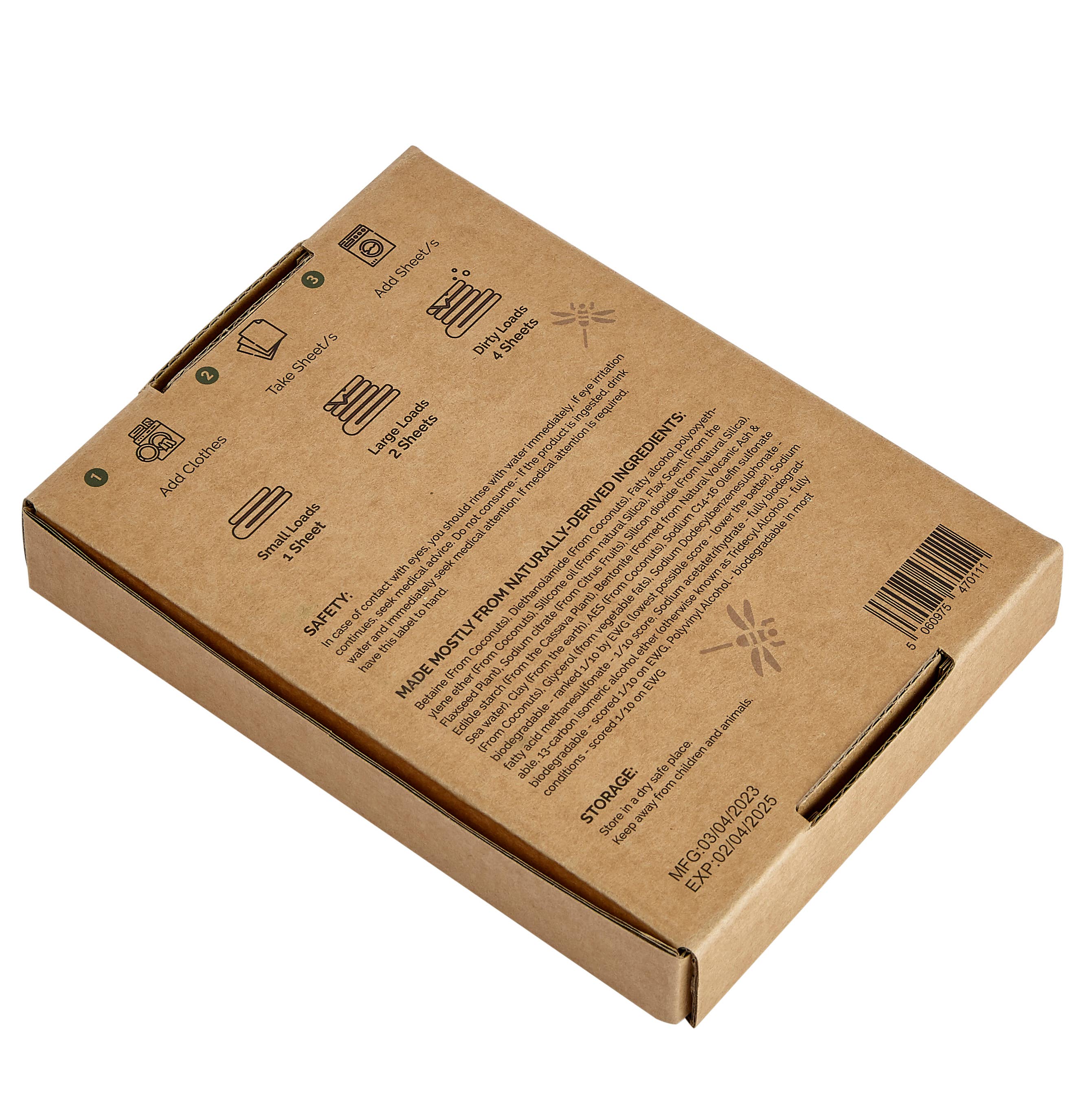 Back view of a cardboard box with text and symbols on a white background