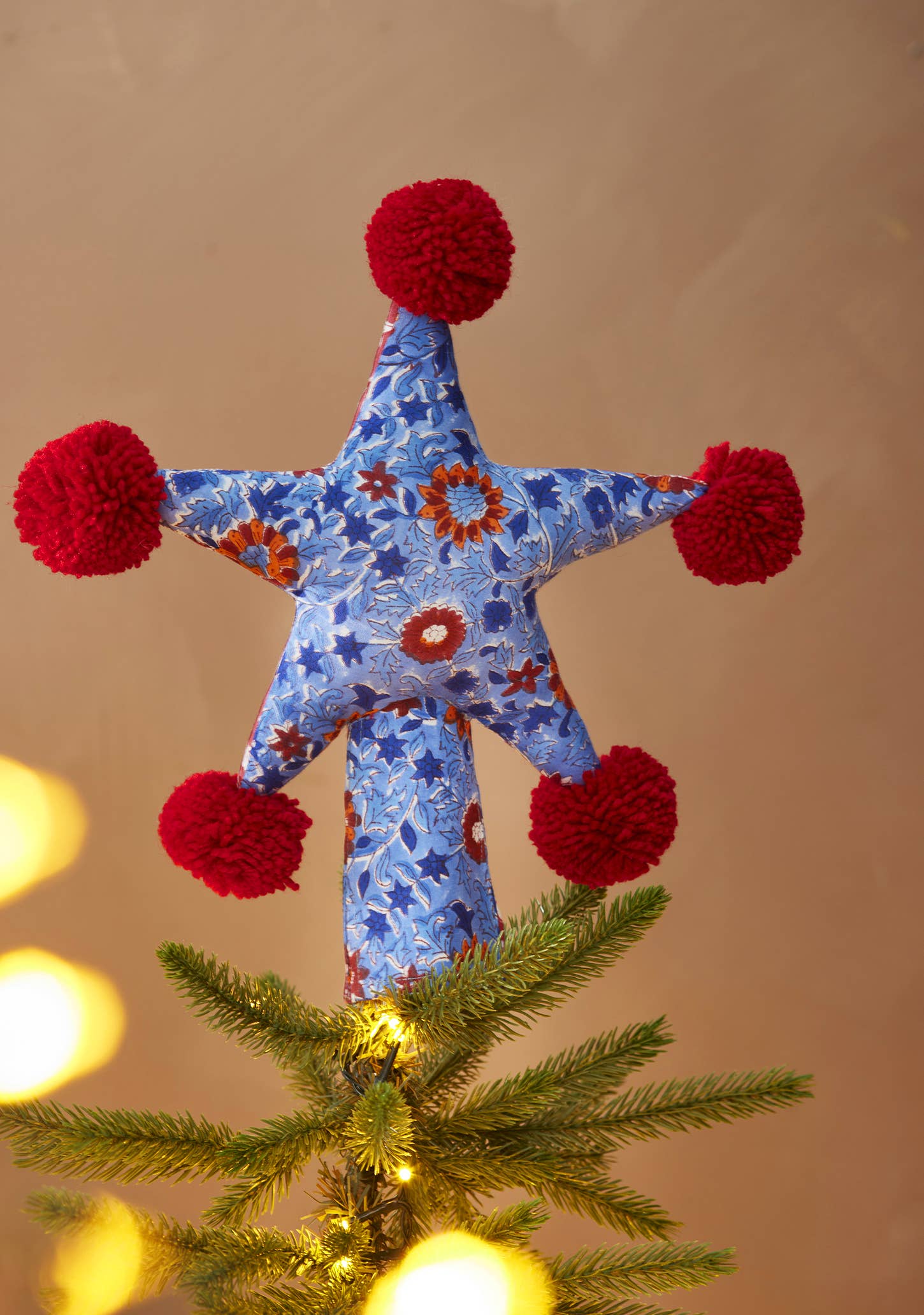 Blue and Red Block Print Star Christmas Tree Topper
