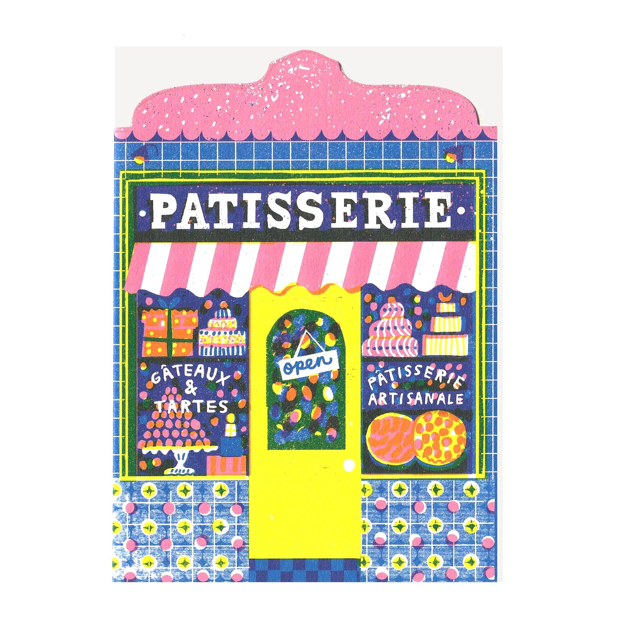 Colorful illustration of a patisserie with 'Patisserie' text on a white background