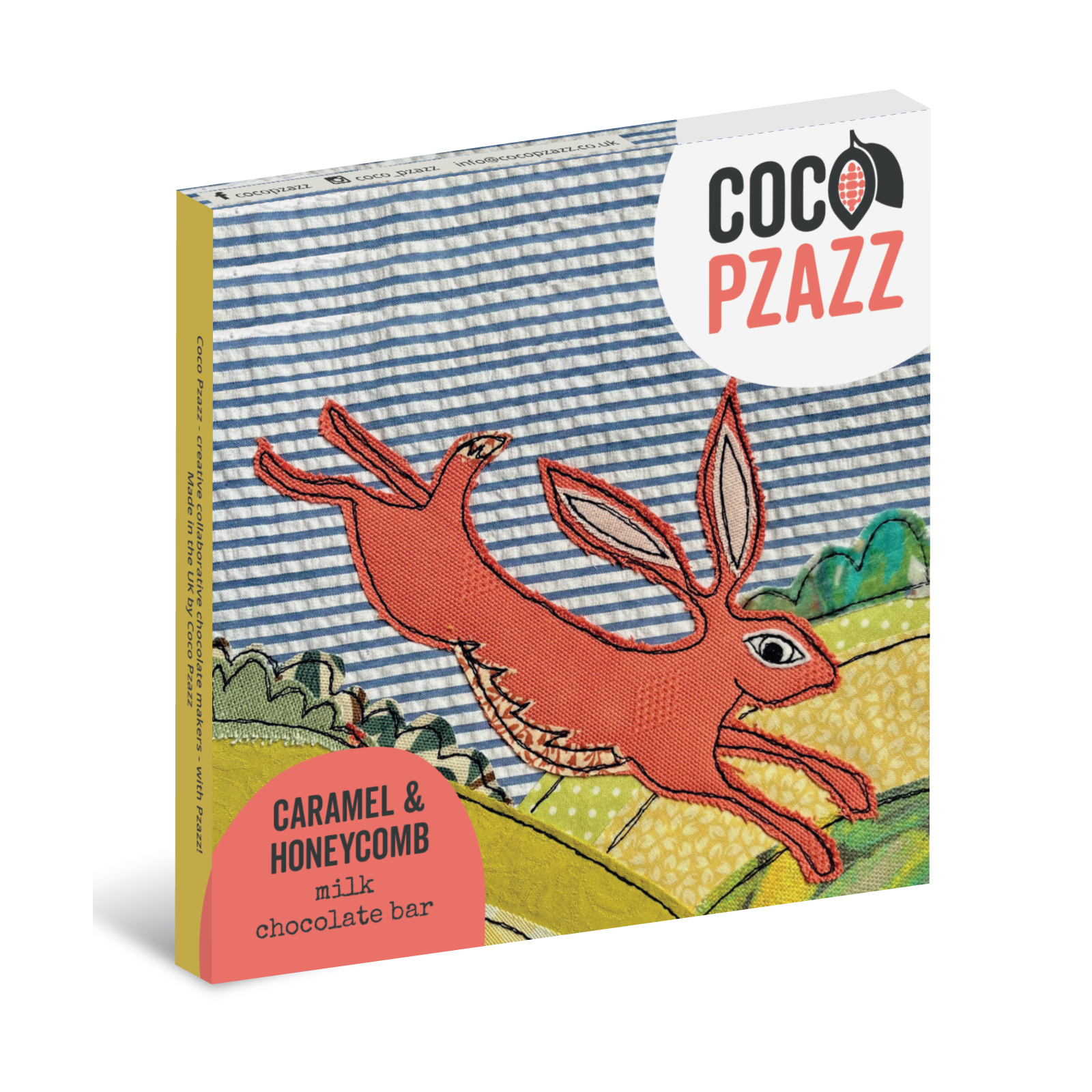 Coco Pzazz chocolate bar packaging with a rabbit illustration on a striped background