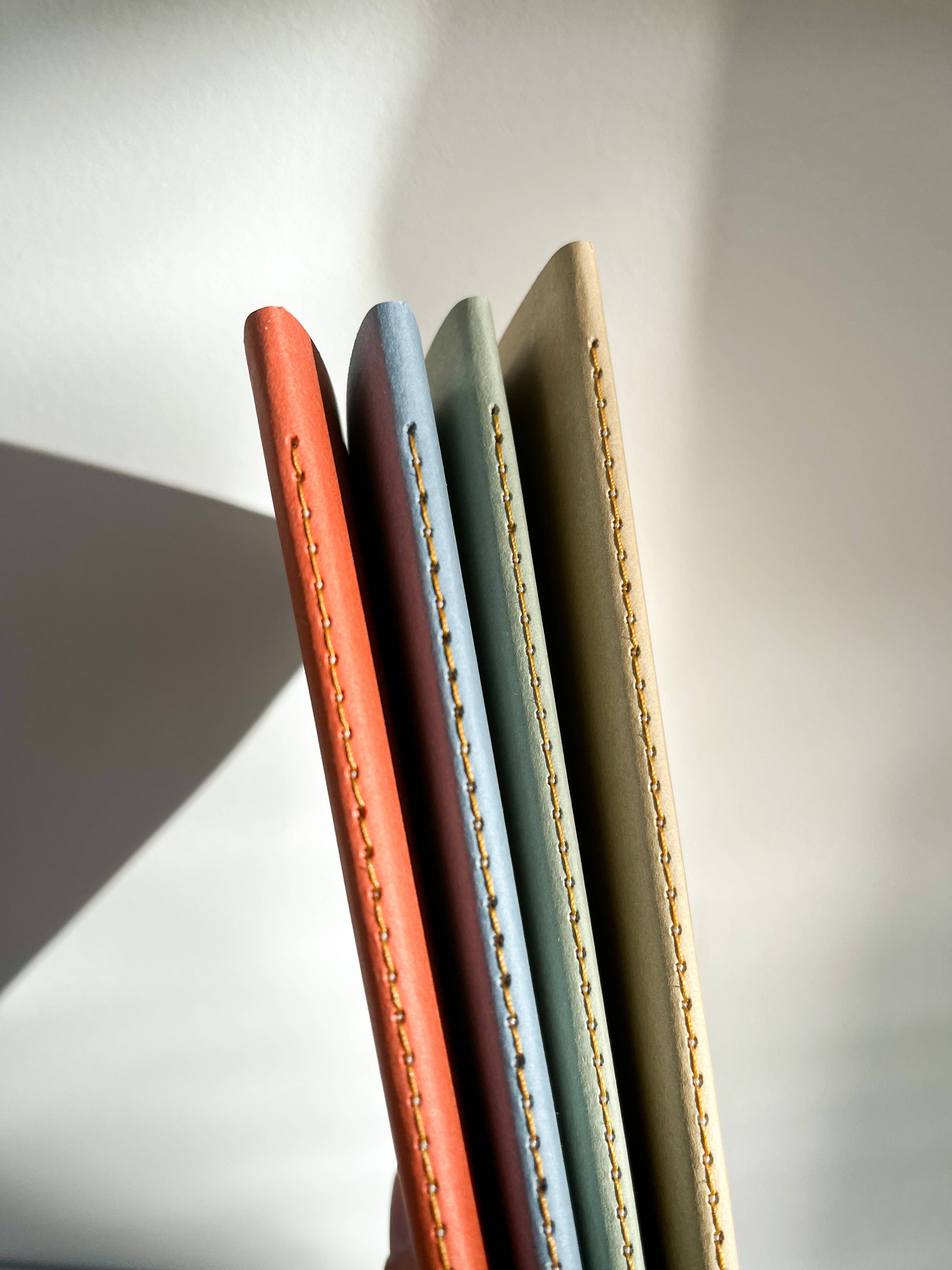 Three notebooks in red, blue, and beige on a light background