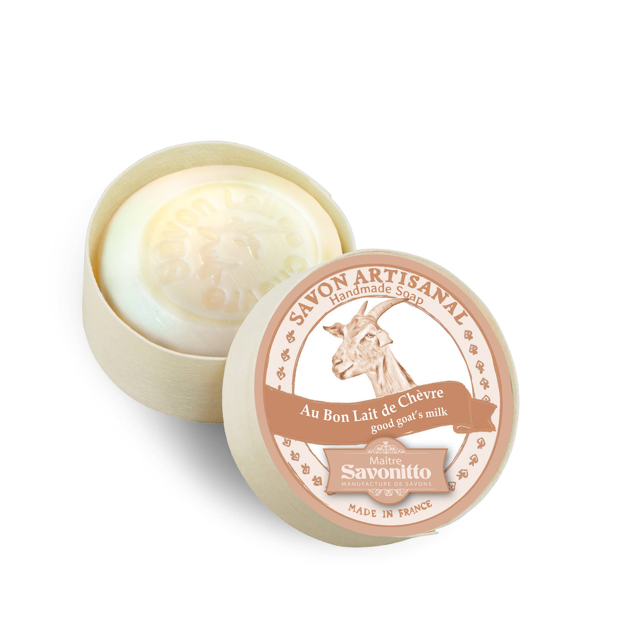 Handmade soap in a round container with branding on a white background