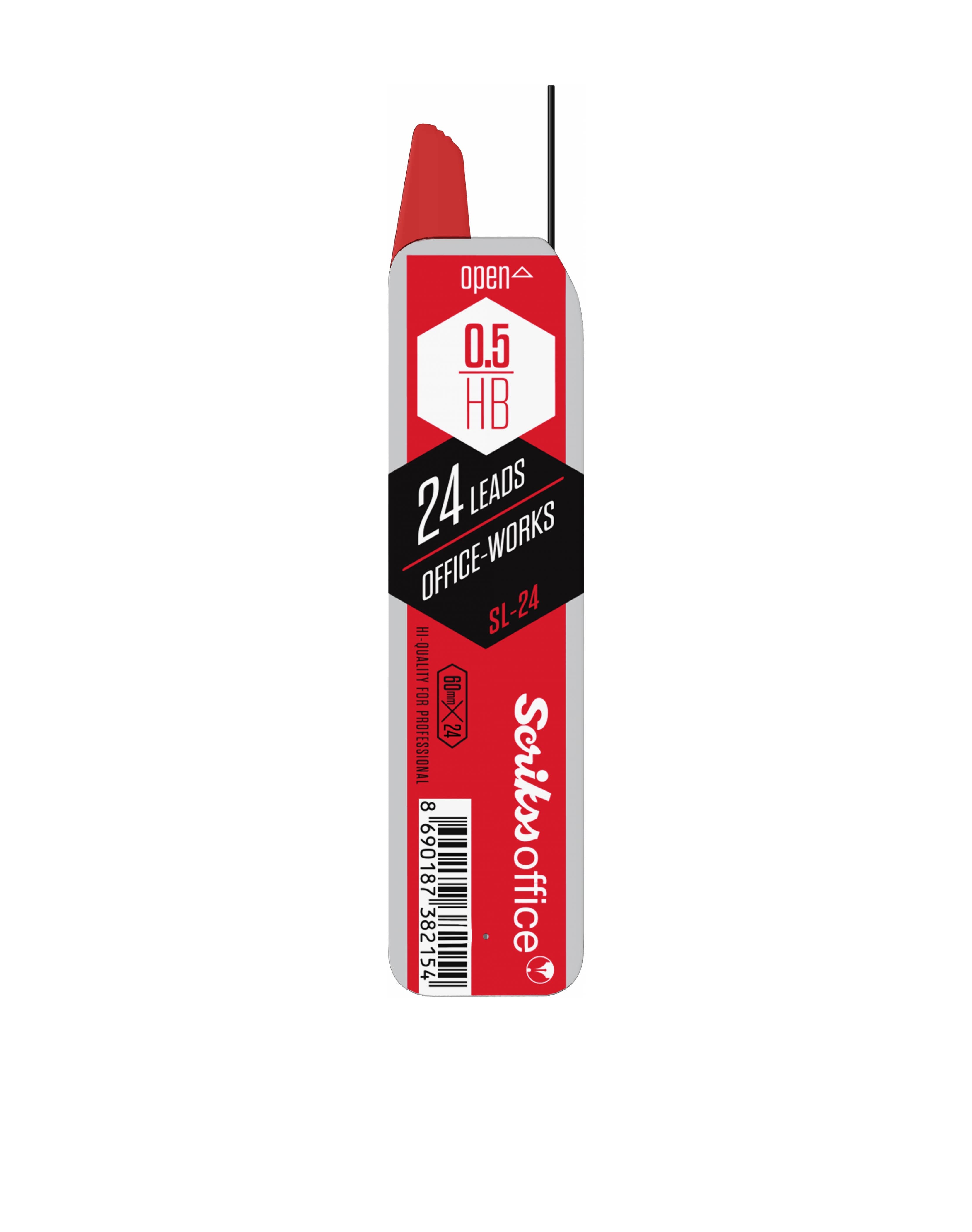 Red mechanical pencil lead container with branding on a white background