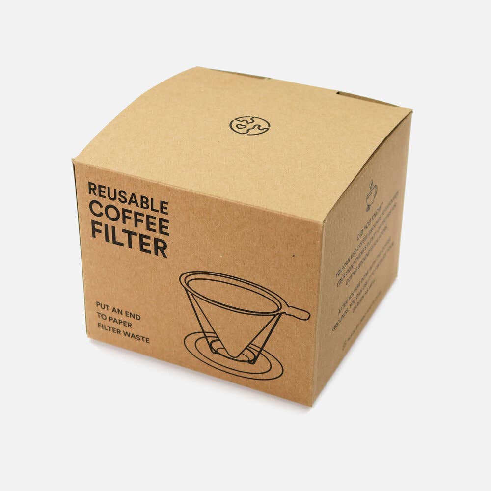 Cardboard box packaging for a reusable coffee filter on a white background