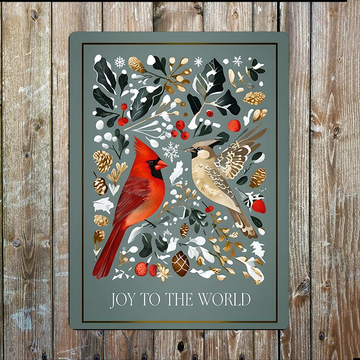 Joy to the World Christmas Birds Metal Sign Winter Foliage: 6x8inch
