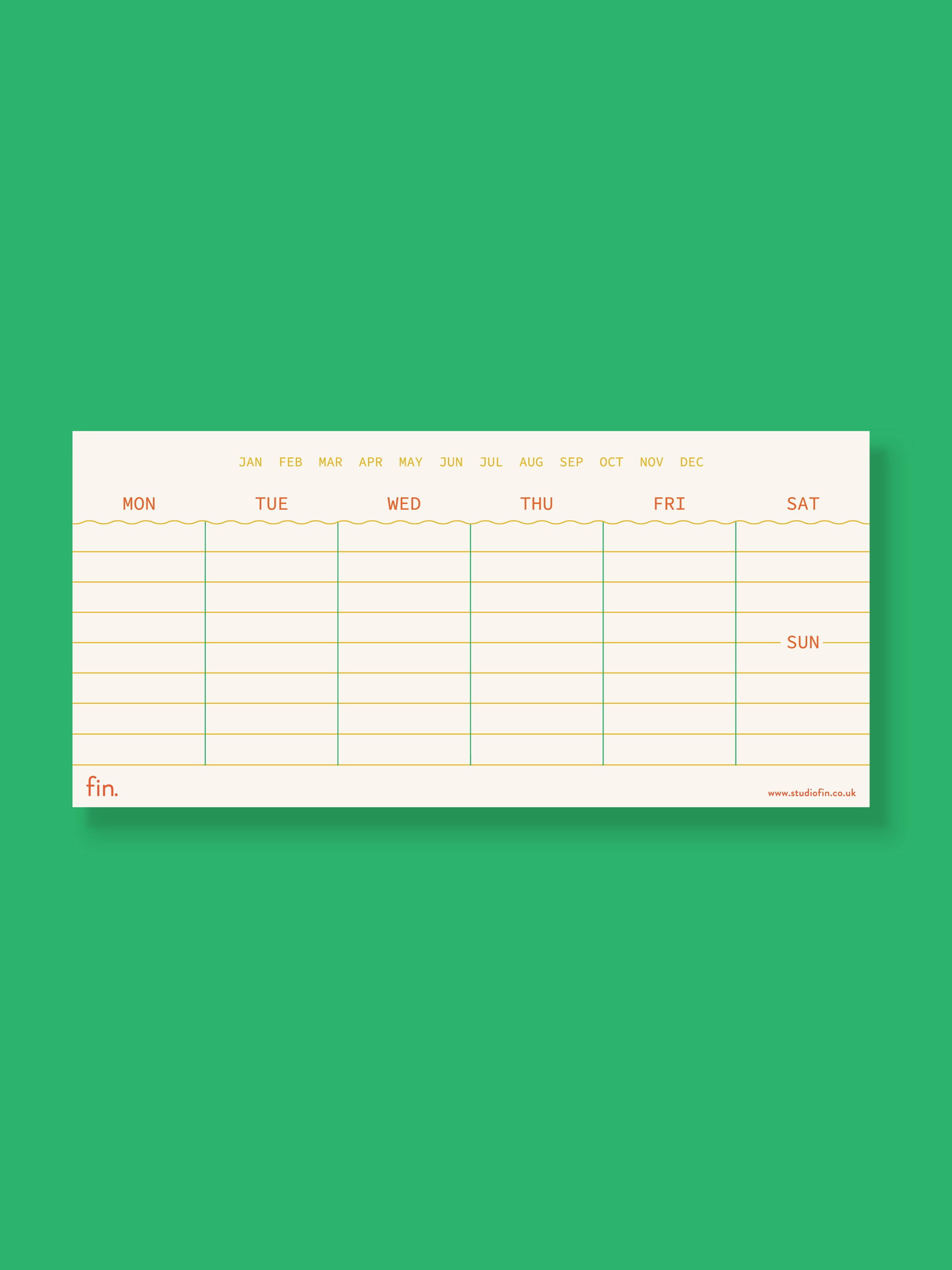 Weekly planner sheet with days of the week on a green background