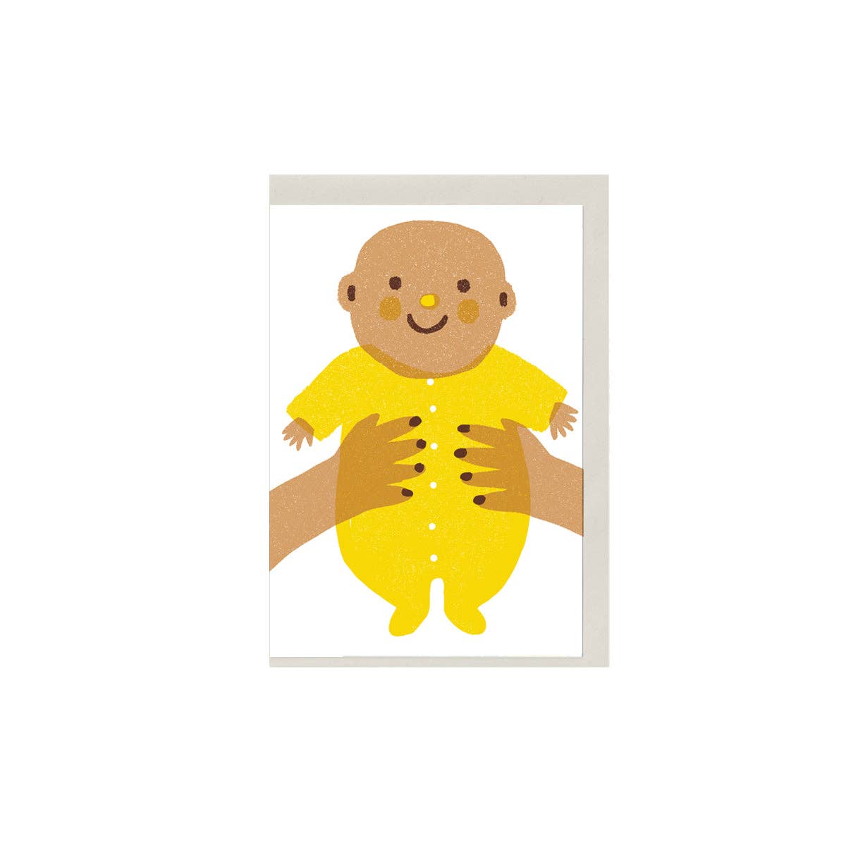 Illustration of a baby in a yellow onesie held by two hands on a white background