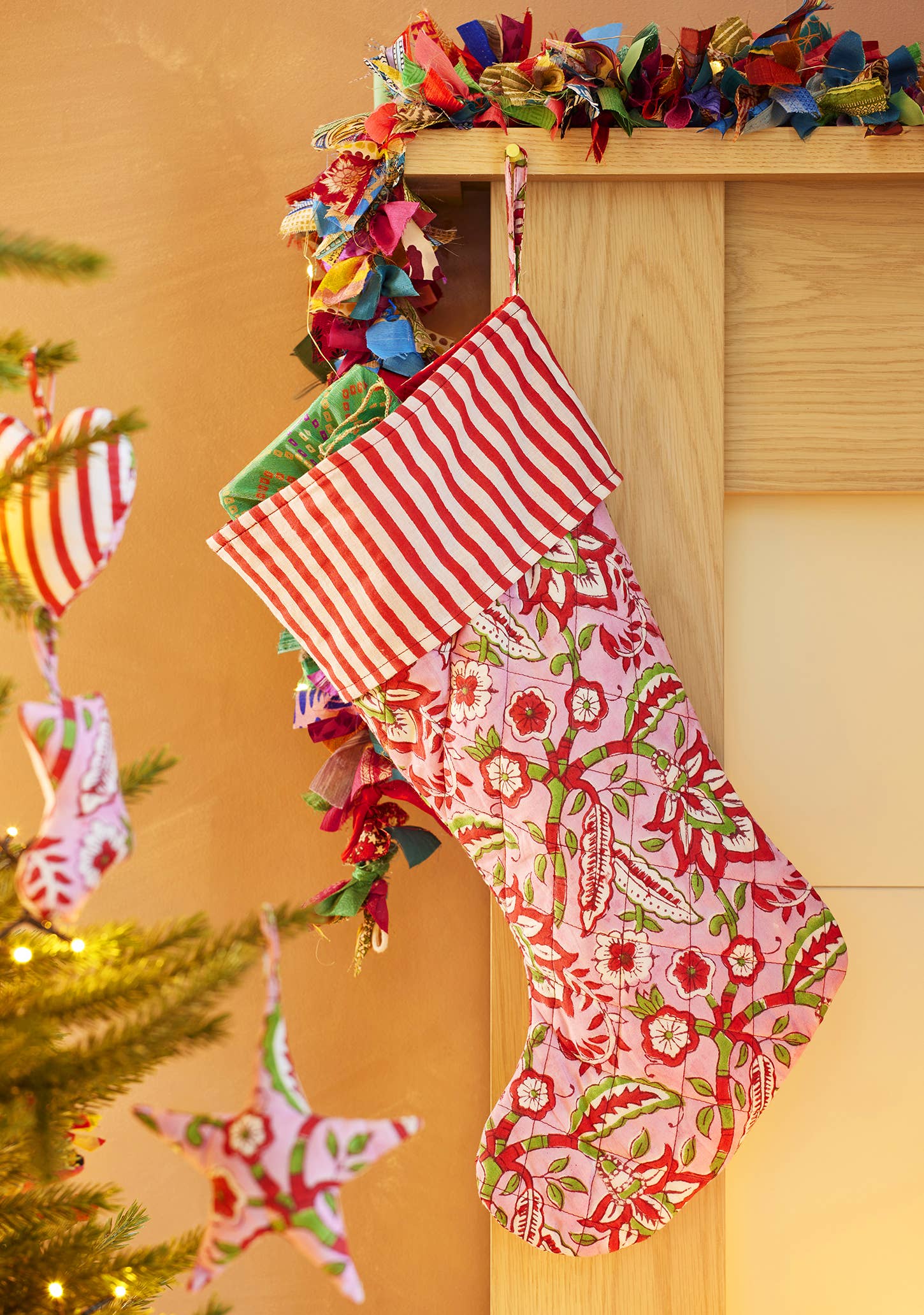 Pink Floral Block Print Christmas Stocking