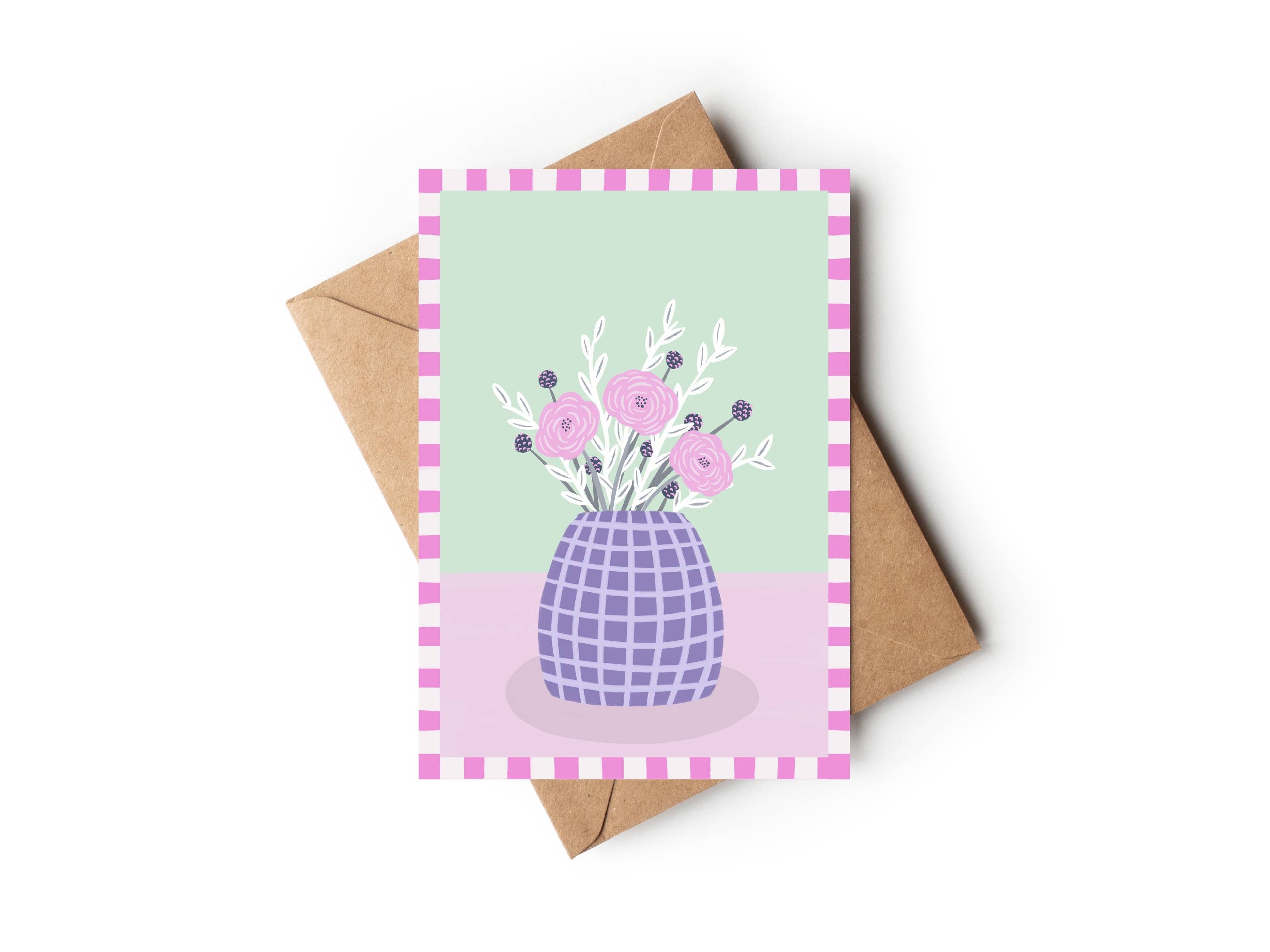 Lilac Gingham Flower Vase Any Occasion Card: Biodegradable cello bag