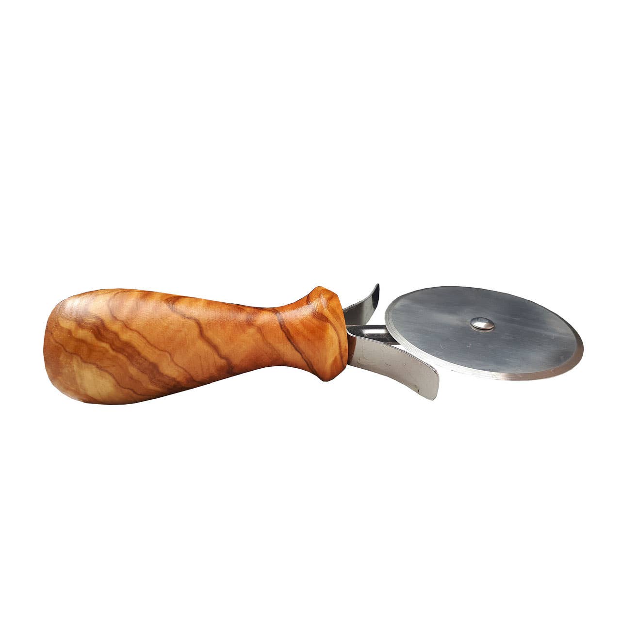 Wooden-handled pizza cutter with metal wheel on a white background