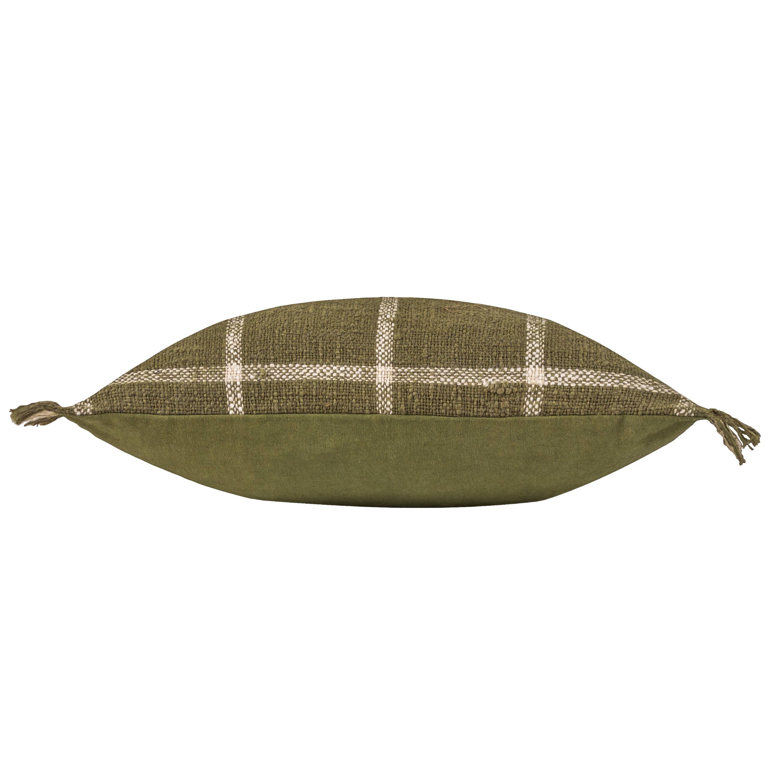 front and back of moss green check cushion