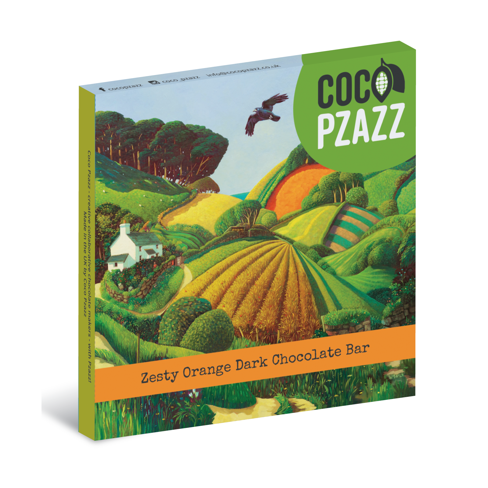 Coco Pzazz chocolate bar packaging with a colorful landscape design