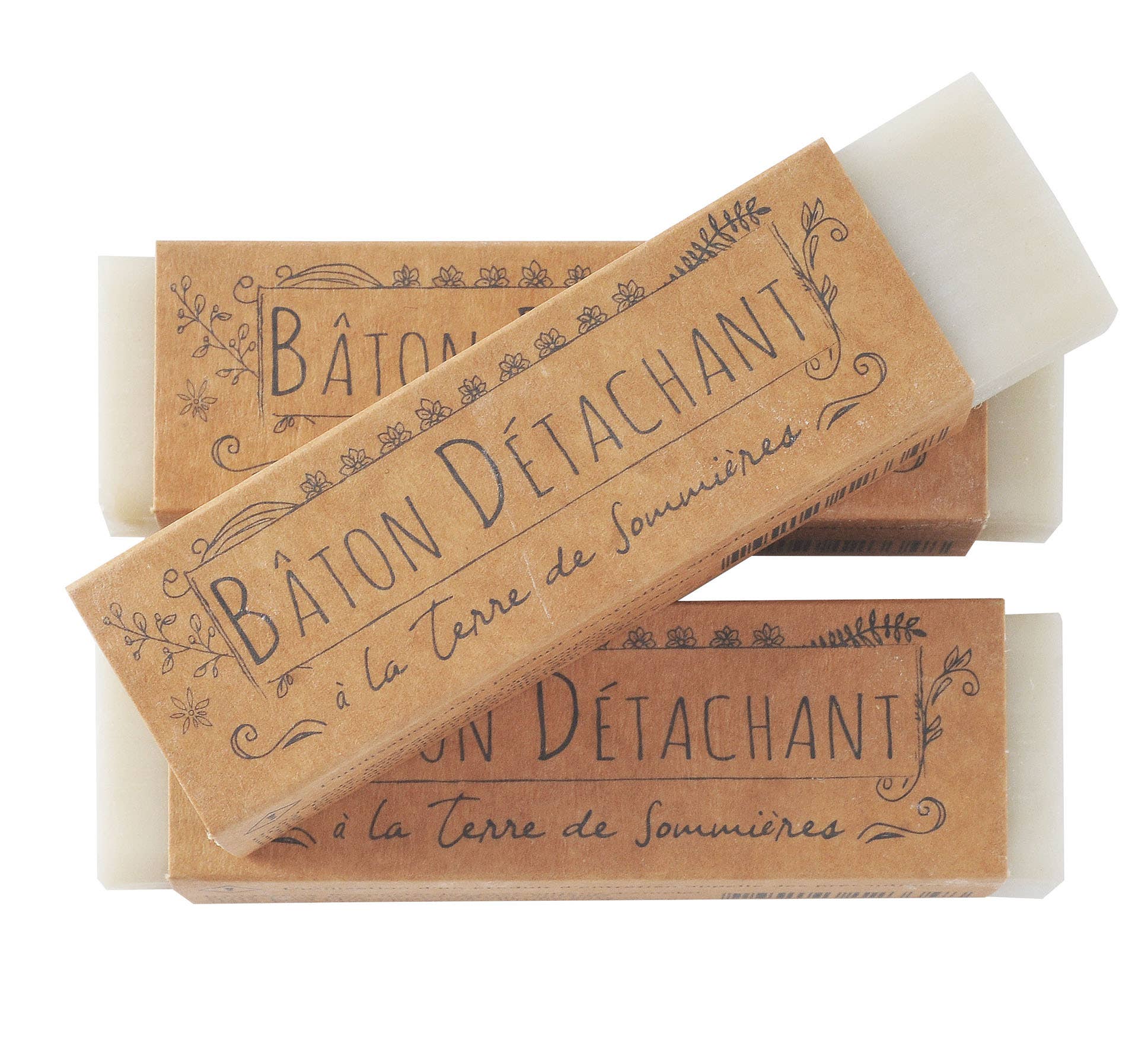 Two bars of stain remover soap with decorative brown packaging on a white background