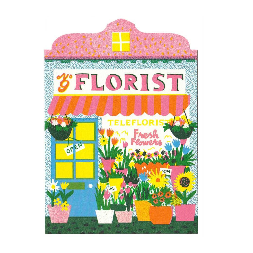 Illustration of a florist shop with colorful flowers and an 'Open' sign.