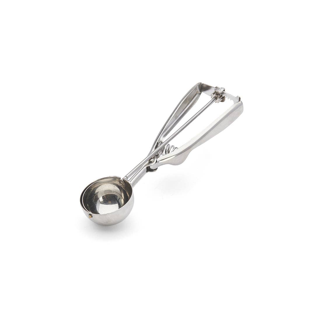 Metallic ice cream scoop on a white background