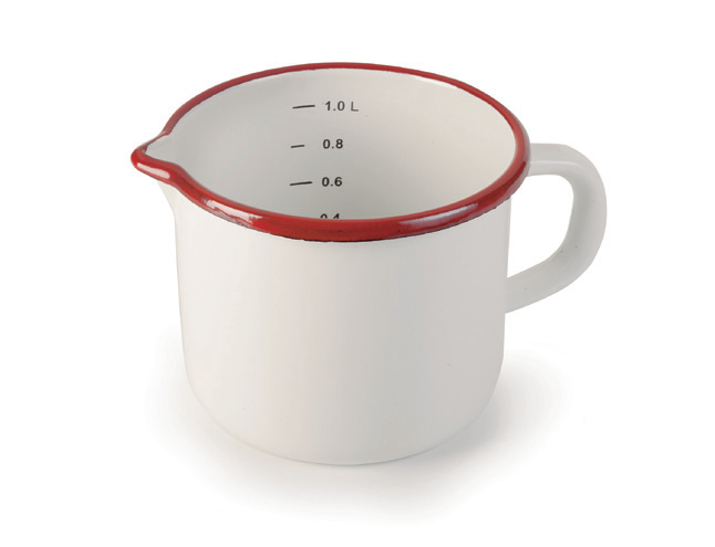 White measuring cup with red rim and measurement markings on a white background