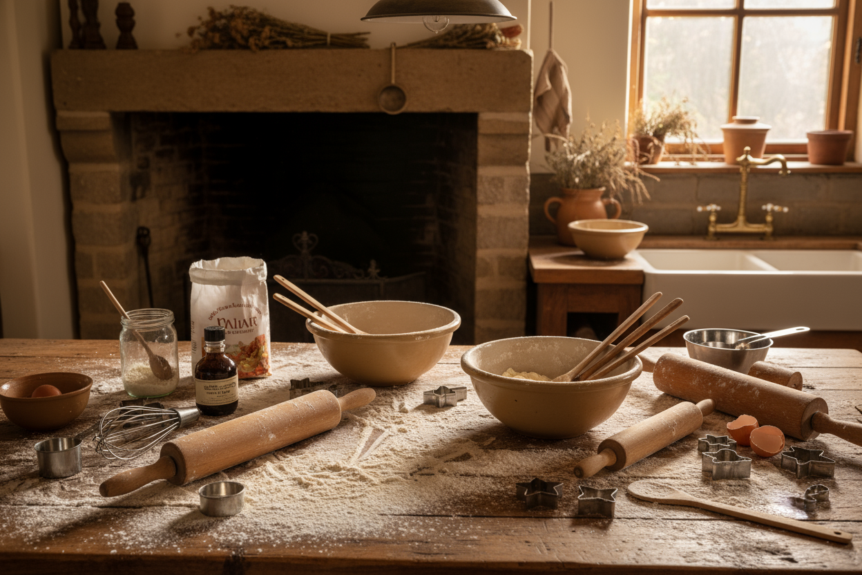 a counter in a country kitchen covered in flour and baking utentsils