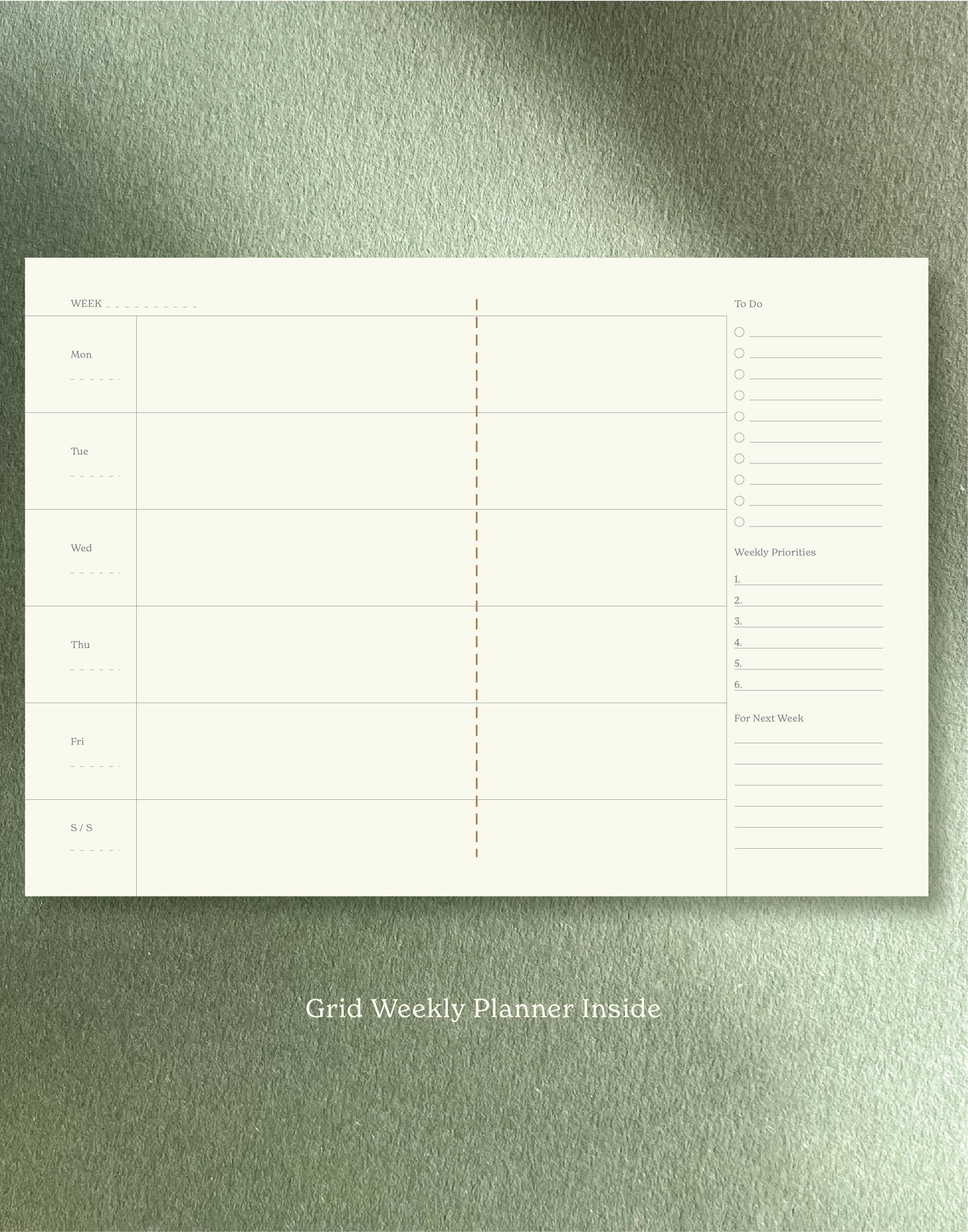 Weekly planner sheet with grid layout on a green textured background