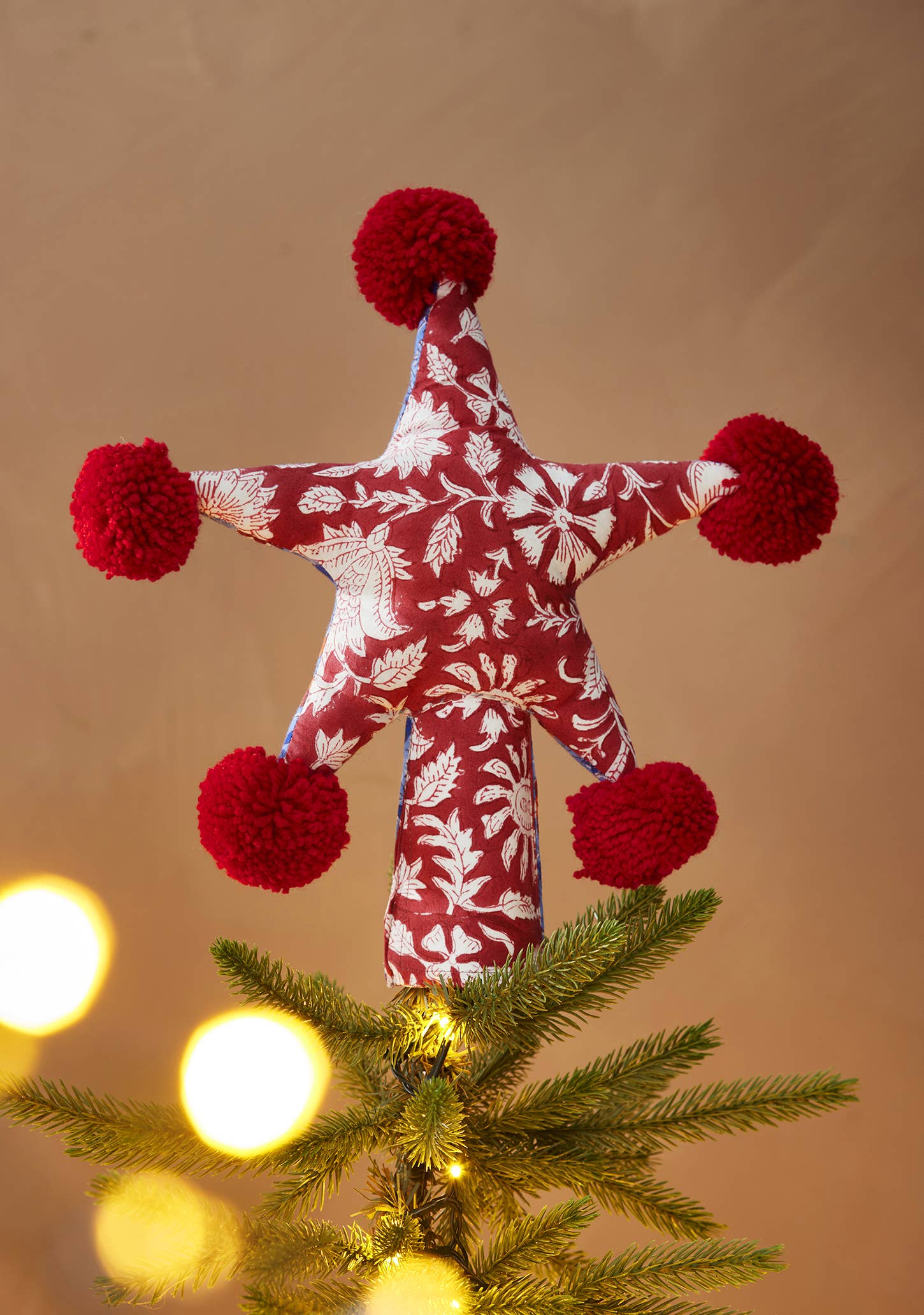 Blue and Red Block Print Star Christmas Tree Topper
