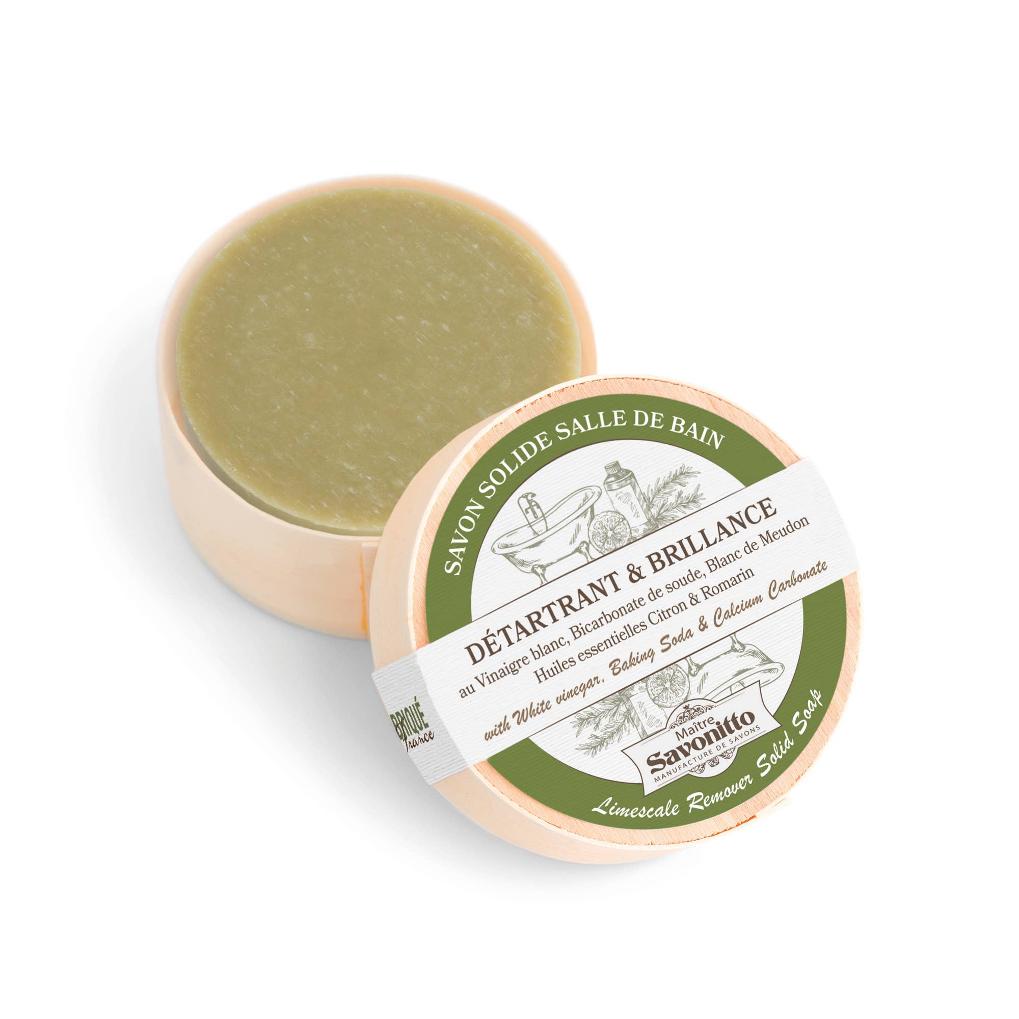 Solid soap bar with a green label on a white background