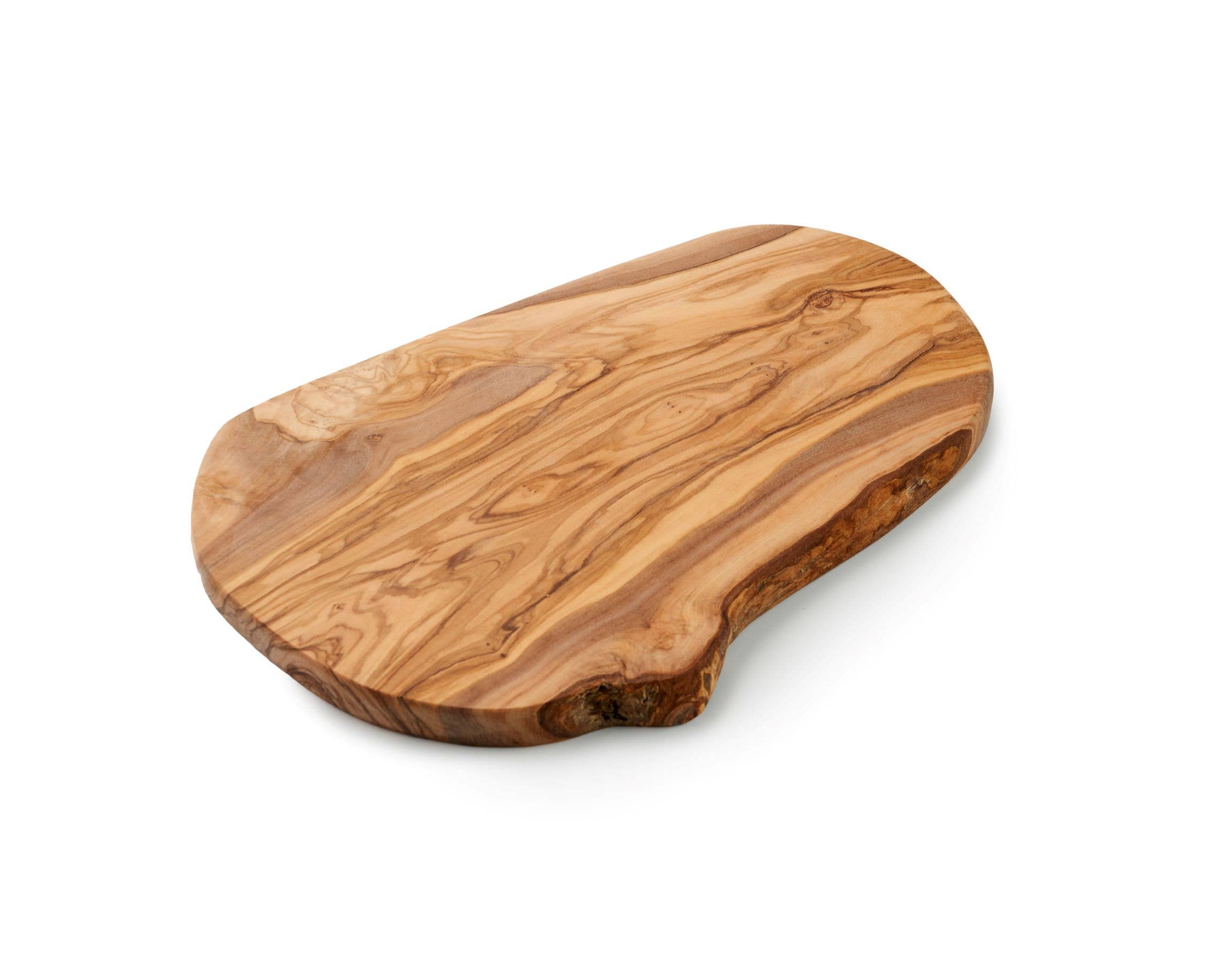 Wooden cutting board with a natural edge on a white background