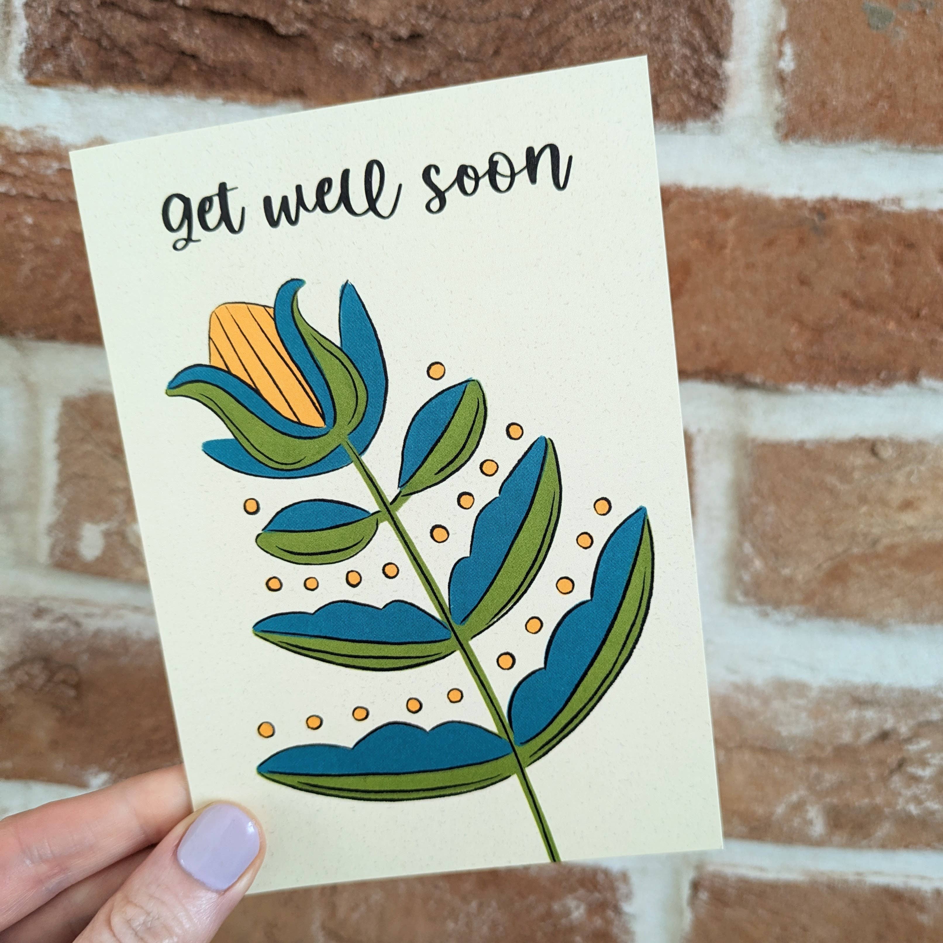 Get well soon folk floral card: Biodegradable cello bag