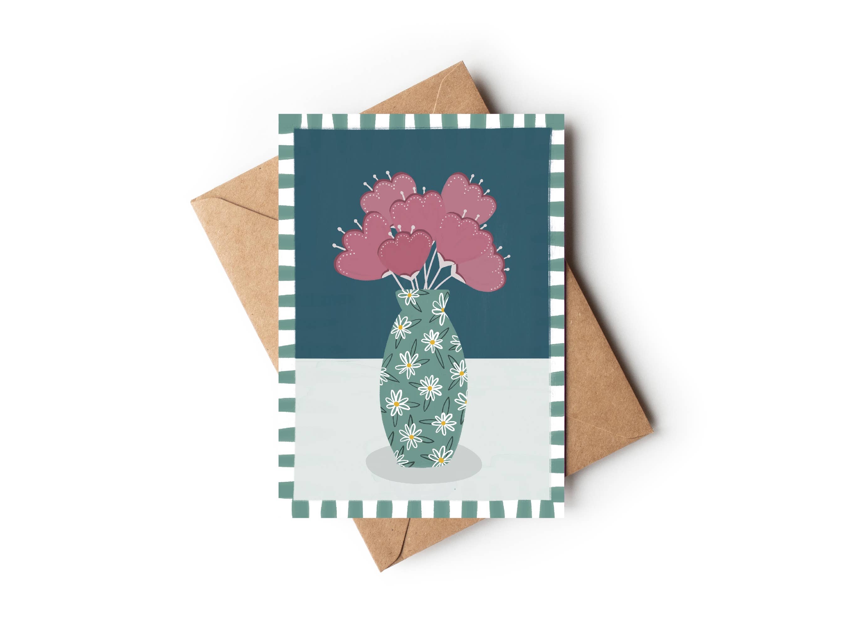 Teal Blue Gingham Flower Vase Any Occasion Card: Biodegradable cello bag
