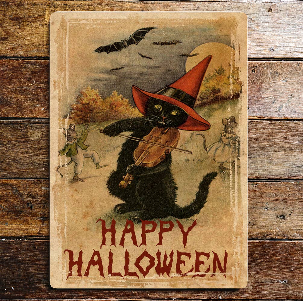 Happy Halloween Cat Metal Wall Sign