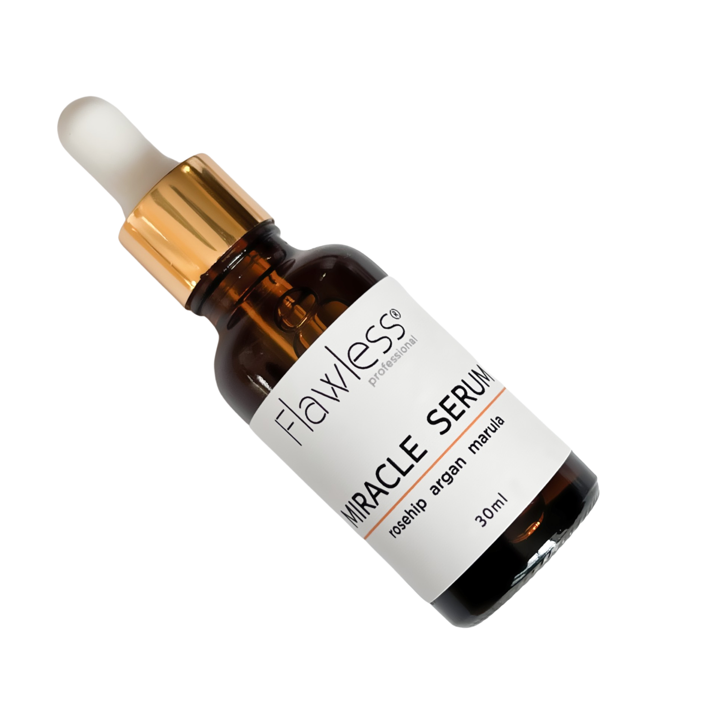 Brown serum bottle with white label on a white background