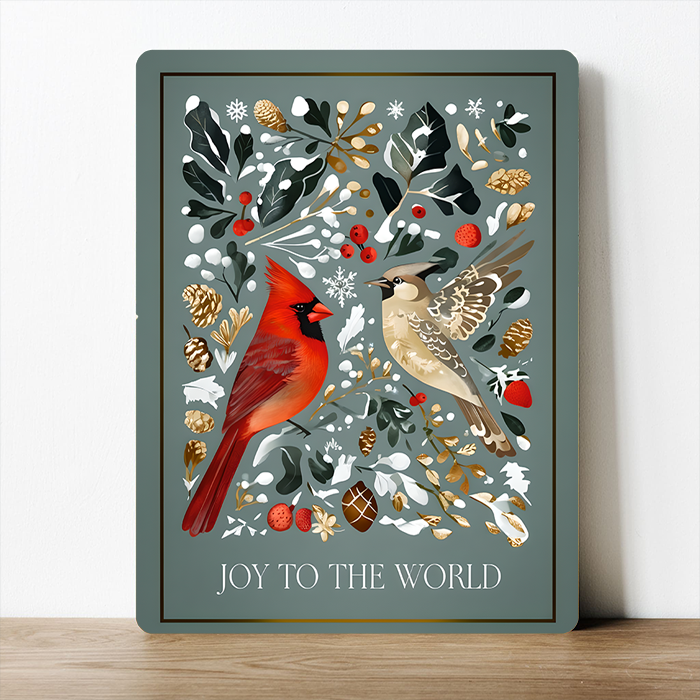 Joy to the World Christmas Birds Metal Sign Winter Foliage: 6x8inch