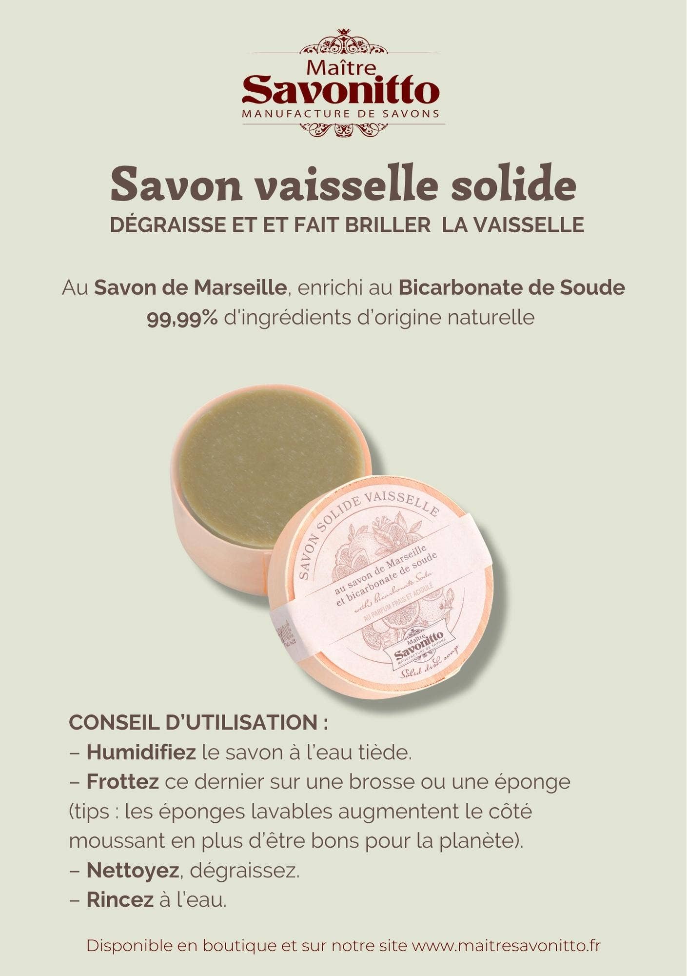 Solid dishwashing soap with packaging on a light green background, featuring Maitre Savonitto branding.