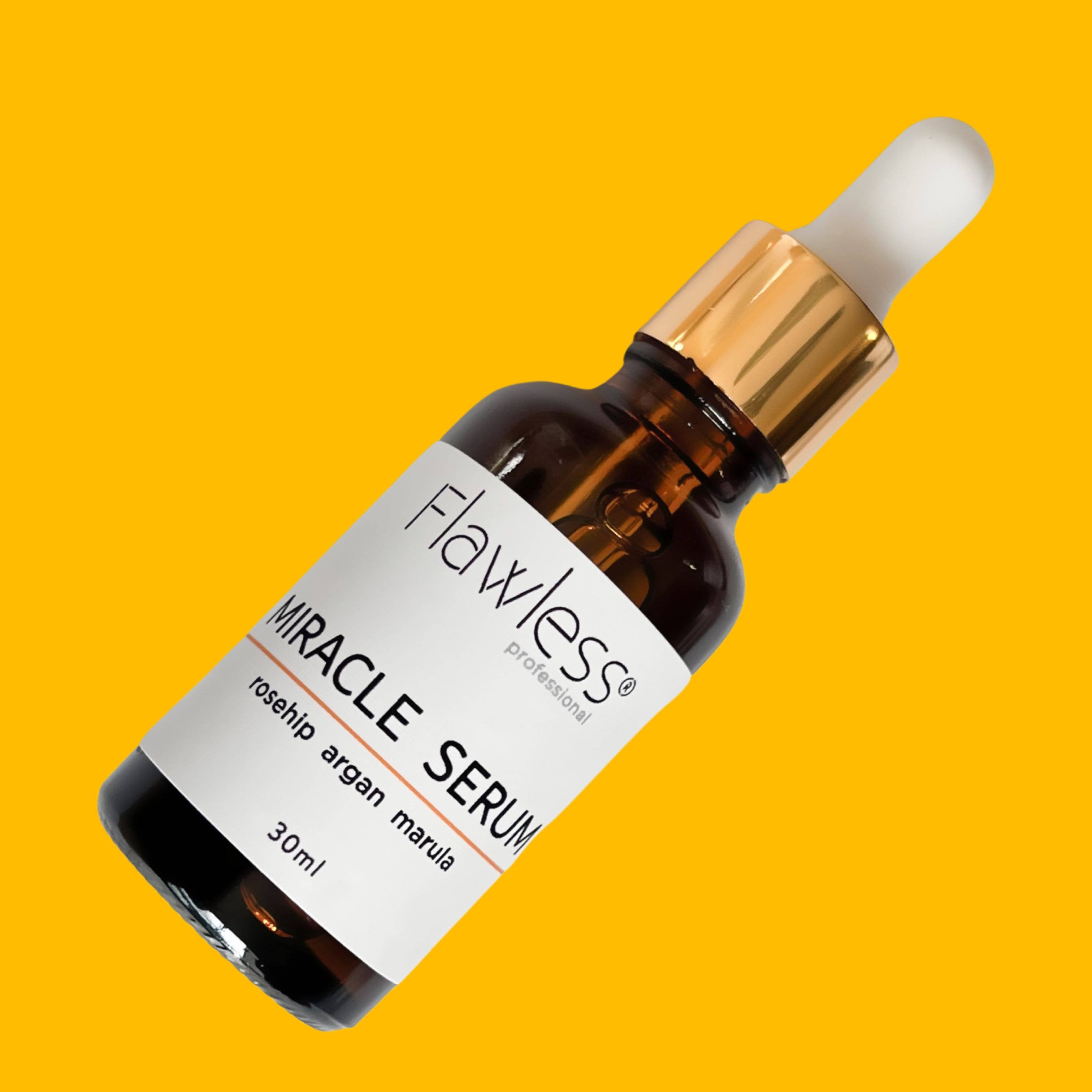 Flawless Miracle Serum bottle with dropper on a yellow background