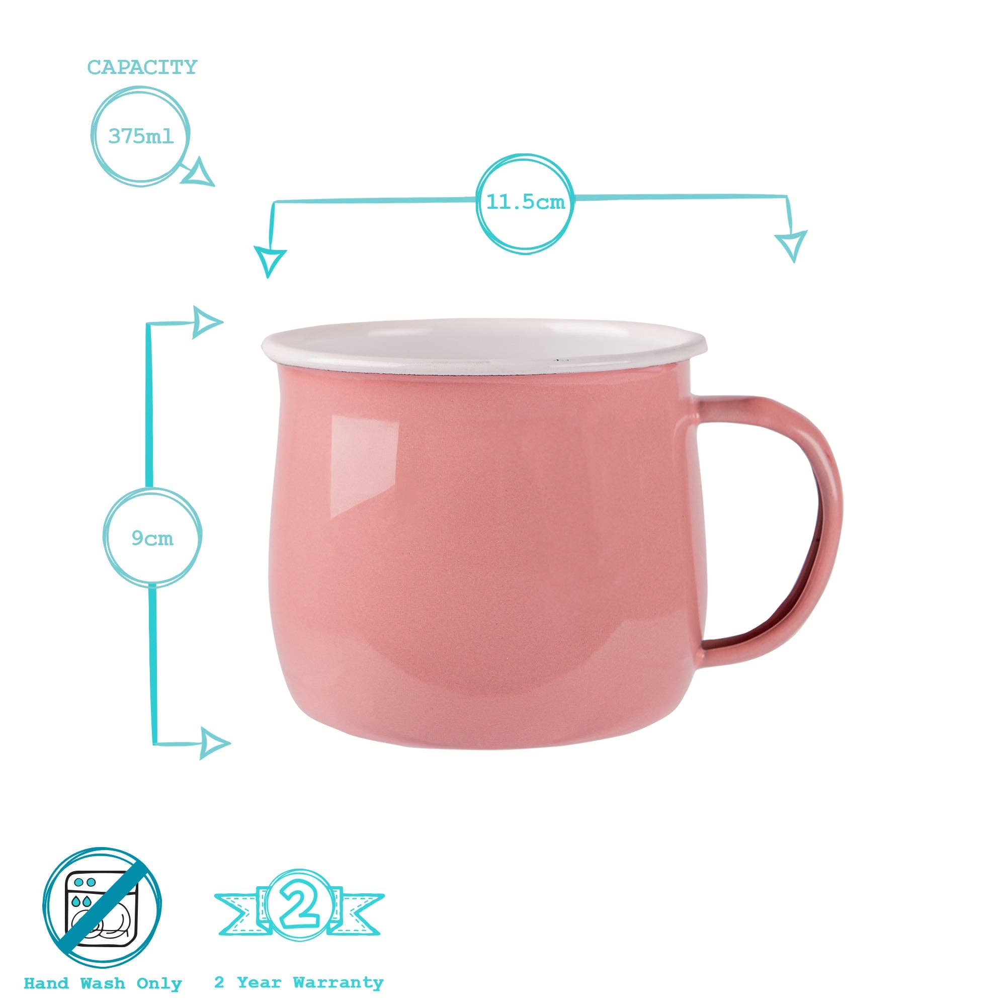 Pink mug with measurements and product details on a white background