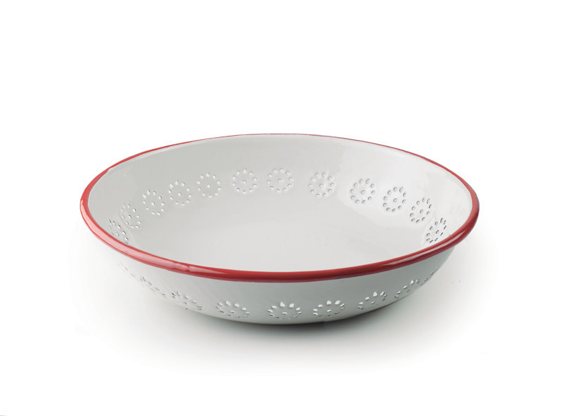 White ceramic bowl with red rim on a white background