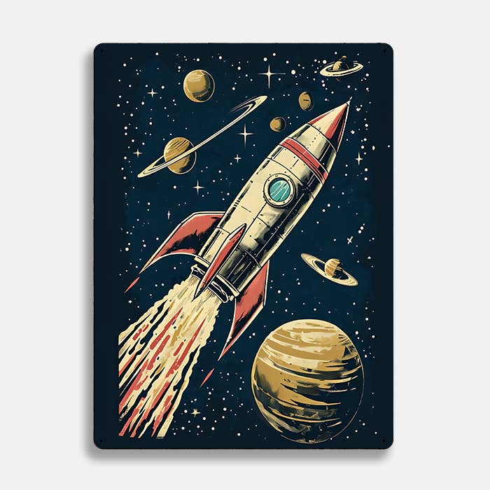 Retro Space Ship Space Rocket UFO Alien Metal Sign Plaque: 6x8inch