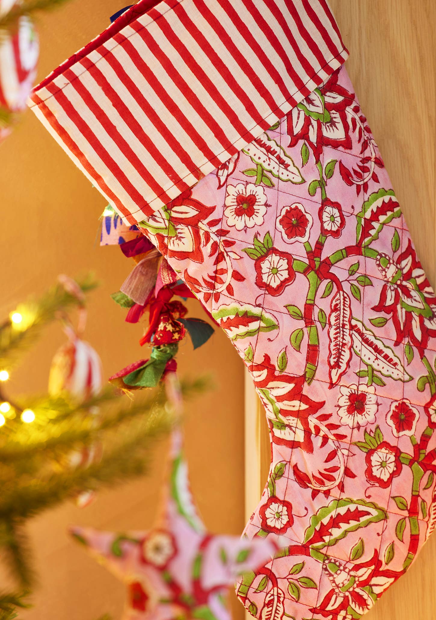 Pink Floral Block Print Christmas Stocking