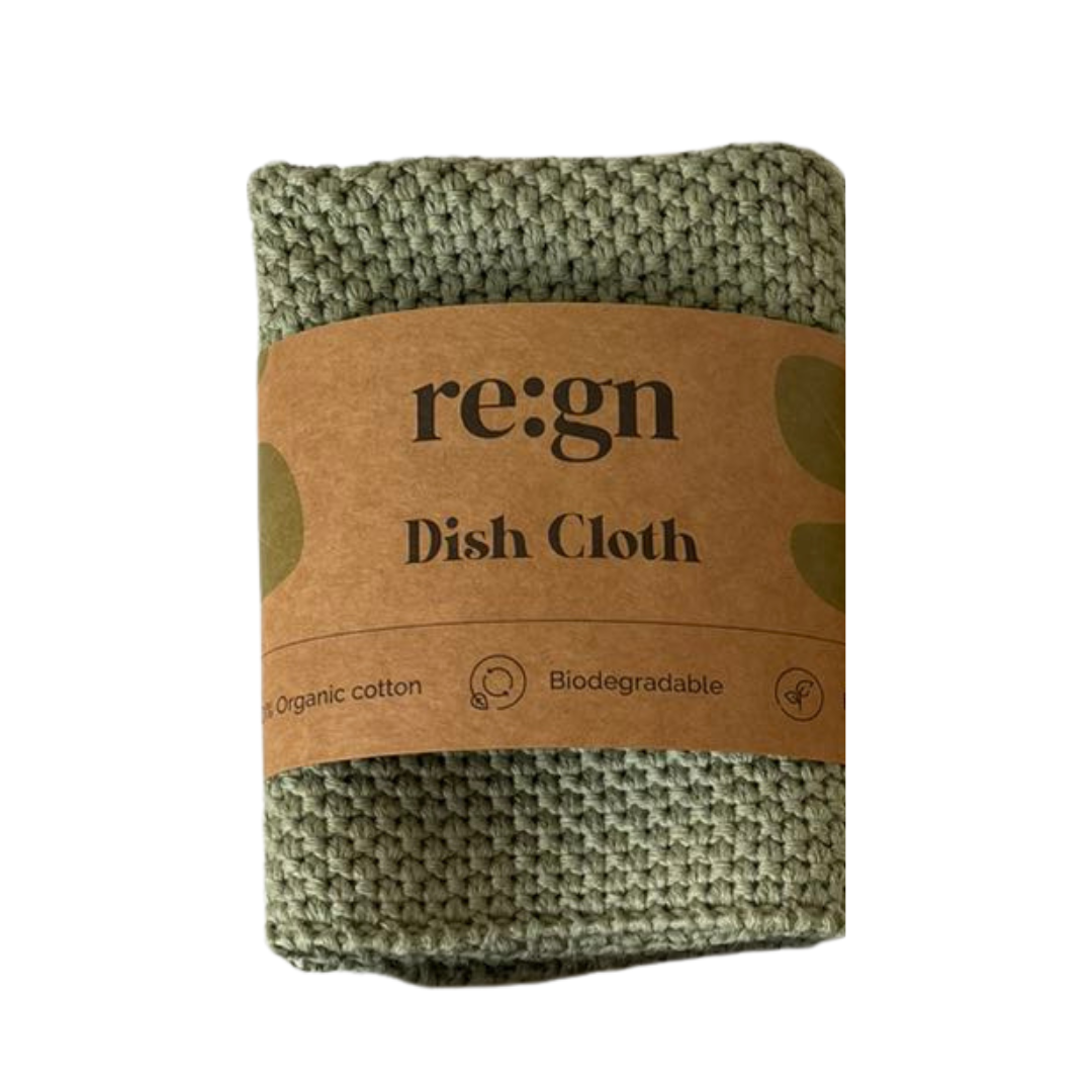 Roll of green dish cloth with 're:gn' label on a white background