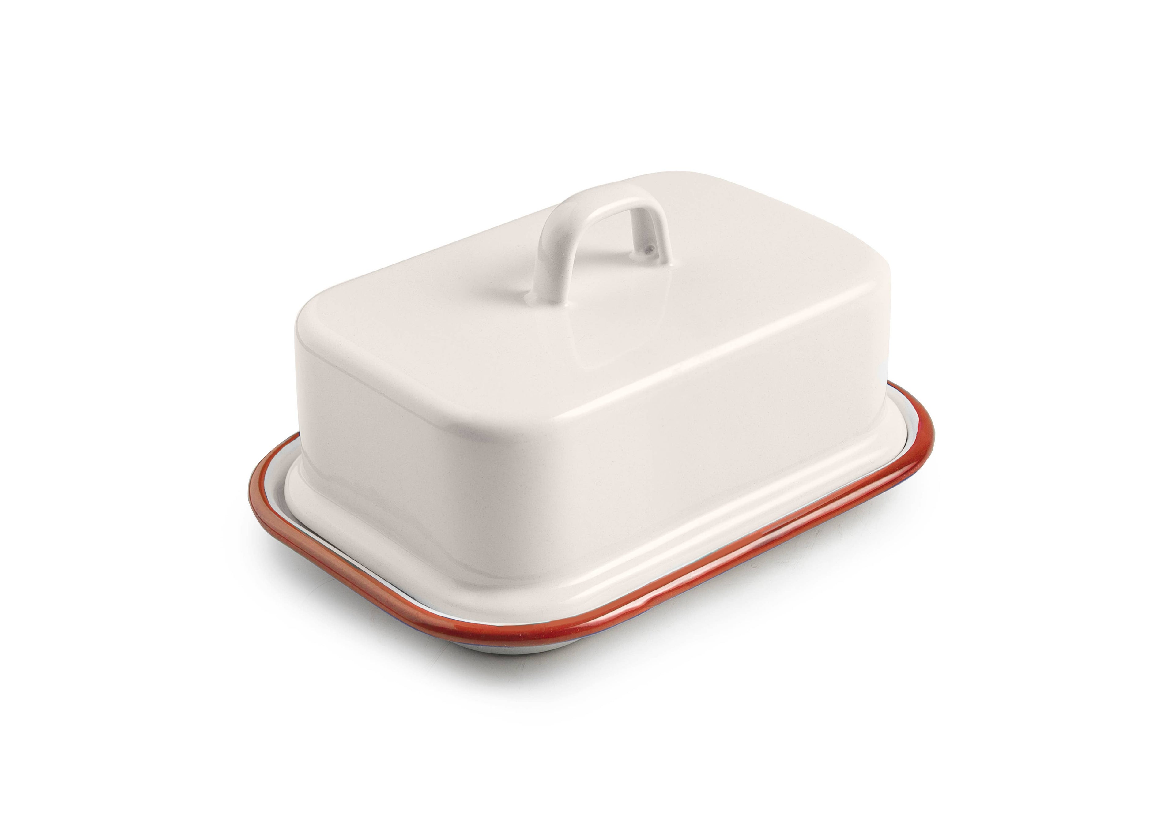 White butter dish with red interior on a white background