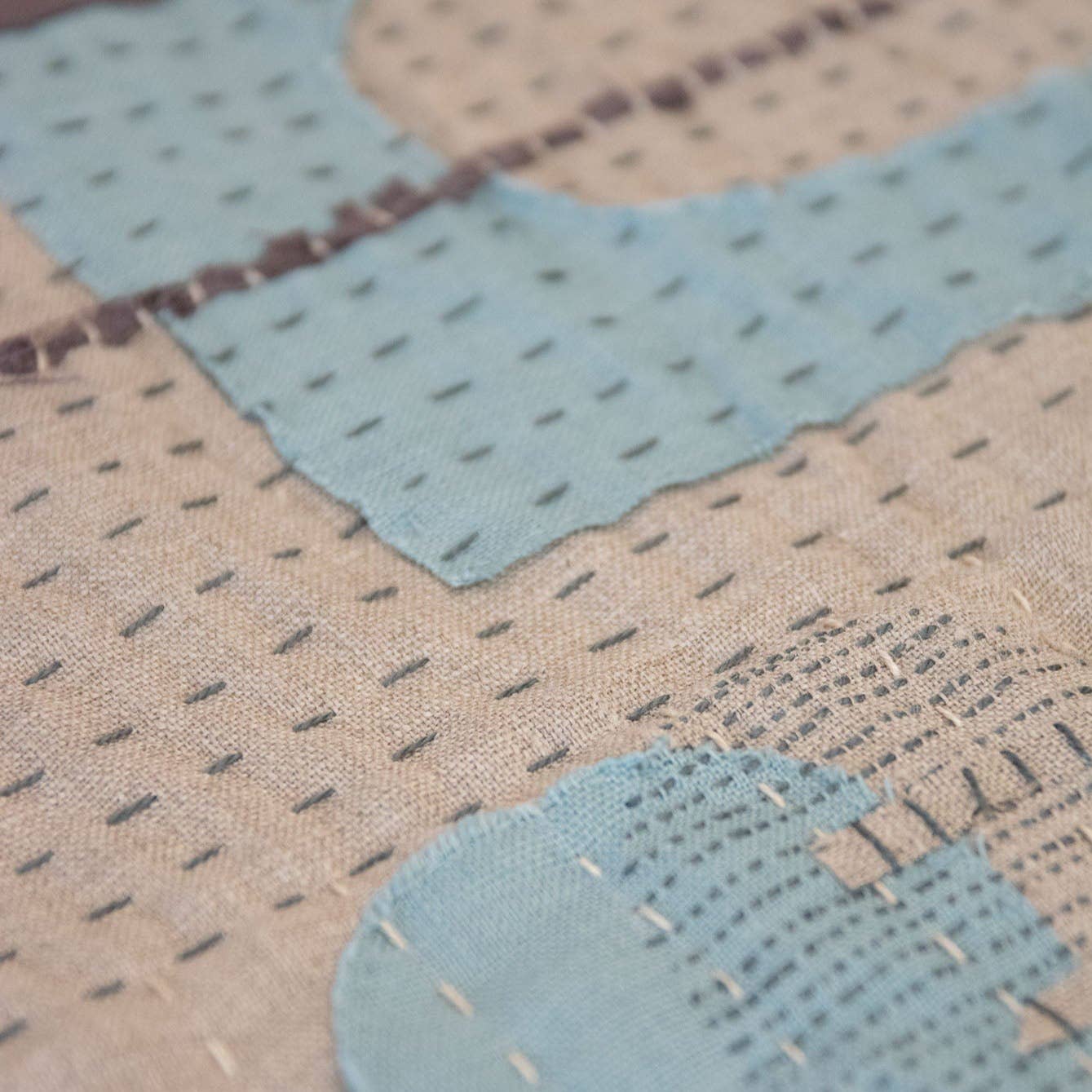 Slow Stitched Mini Quilt Kit in Linen: Indigo Blue