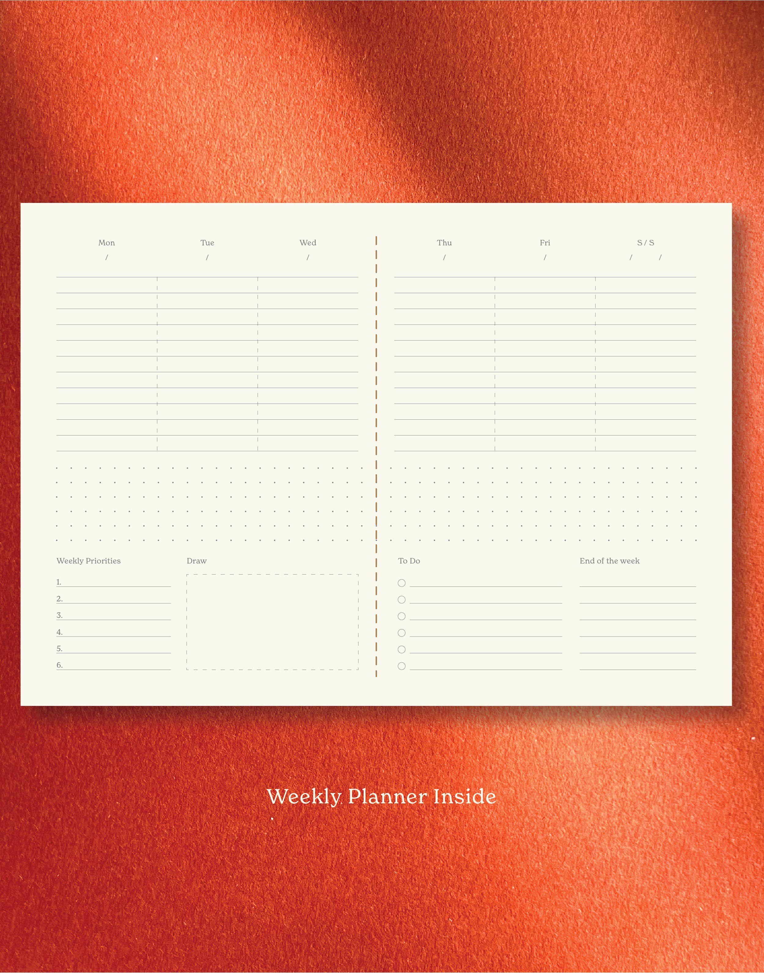 White planner sheet with weekly layout on a red background