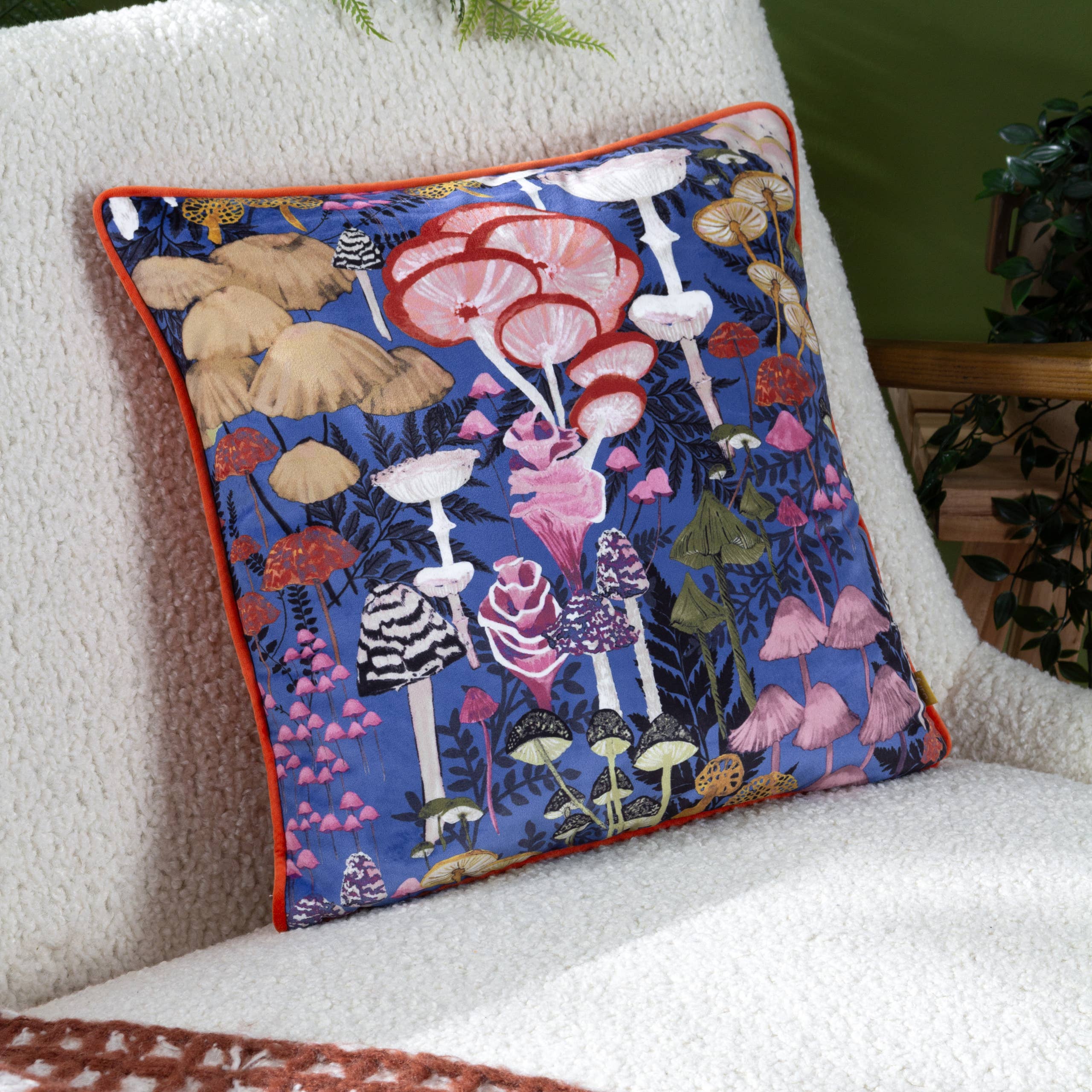 autumn mushroom cushion on cream chair