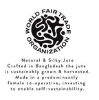 World Fair Trade Organization logo with text about jute production in Bangladesh.