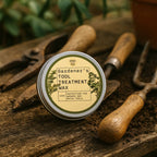 A tin of Gardener's Tool Treatment Wax surrounded by old fashioned gardening tools on a wooden surface